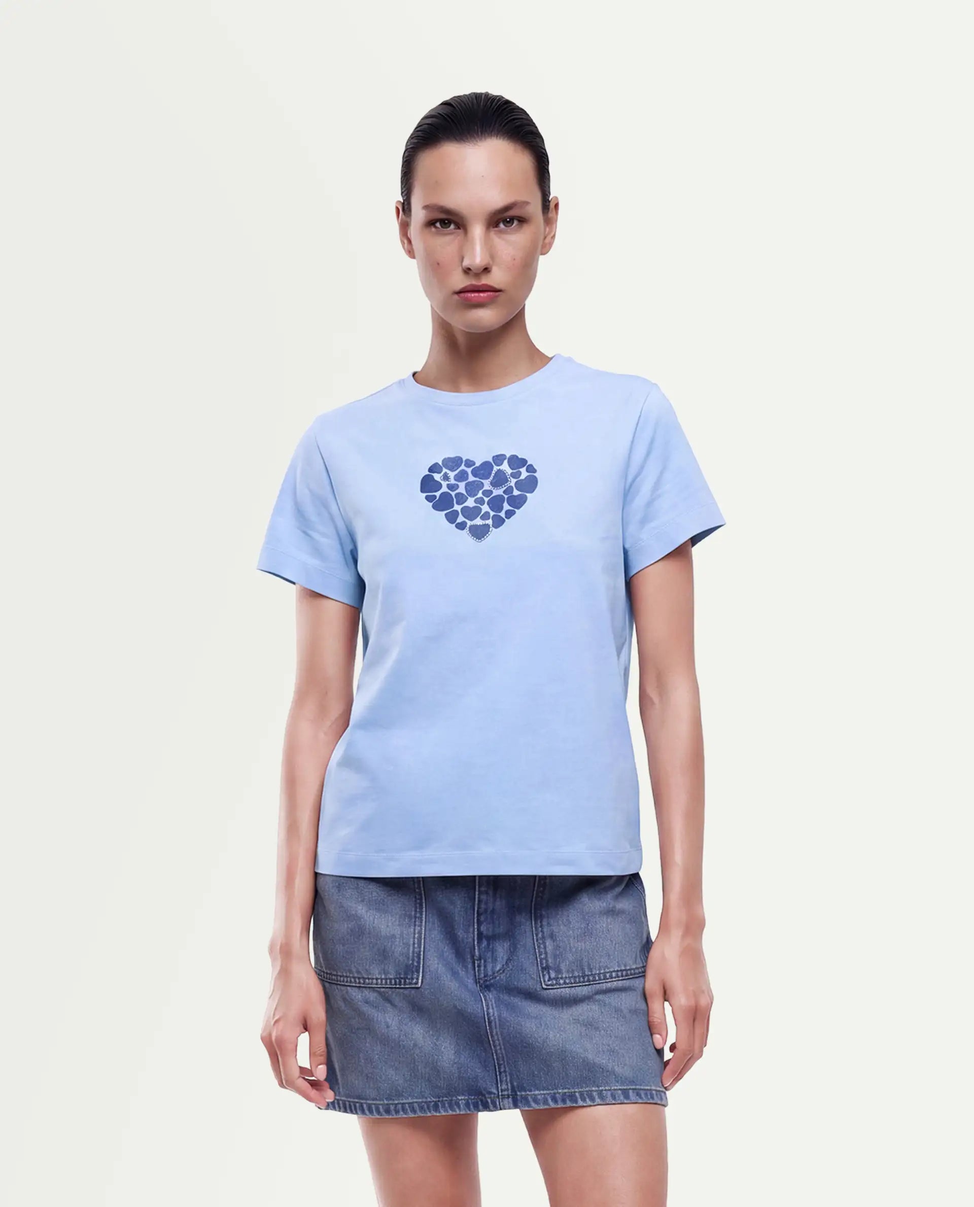 Rareism Women's Packz Light Blue Cotton Blend Pull-On Regular Fit Printed T-Shirt