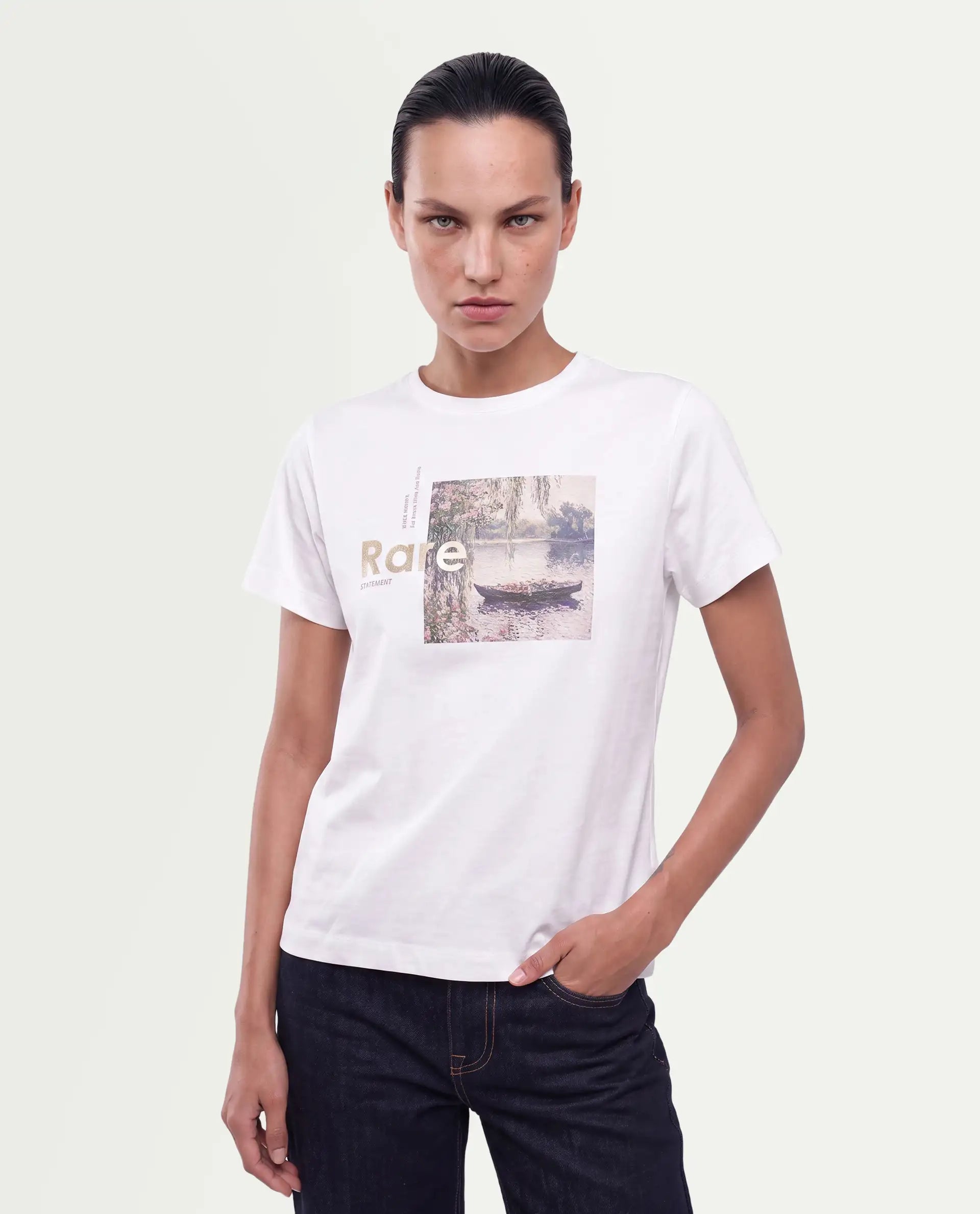 Rareism Women's Pitch Off White Cotton Blend Pull-On Regular Fit Digital Print T-Shirt