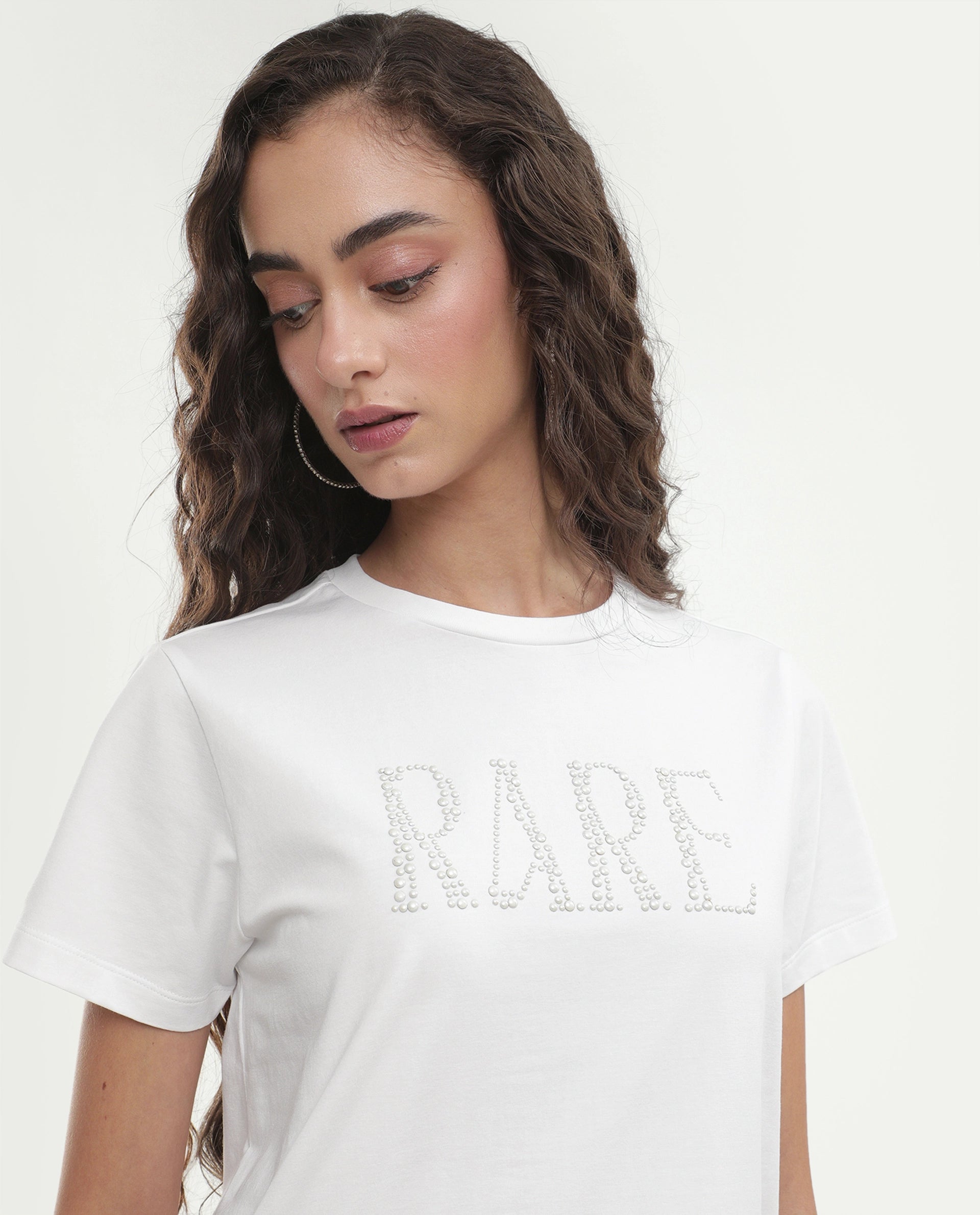 Rareism Women's Pearlo Off White Cotton Blend Pull-On Regular Fit Printed T-Shirt