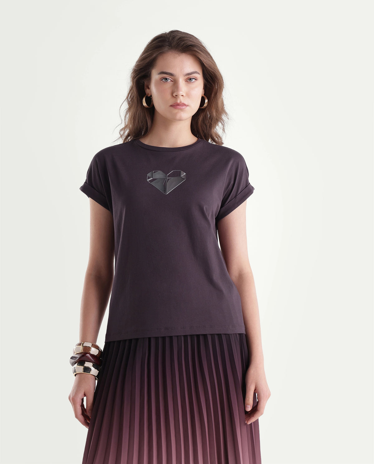 Rareism Women's Pline Dark Purple Cotton Blend Pull-On Relaxed Fit Embroidered T-Shirt