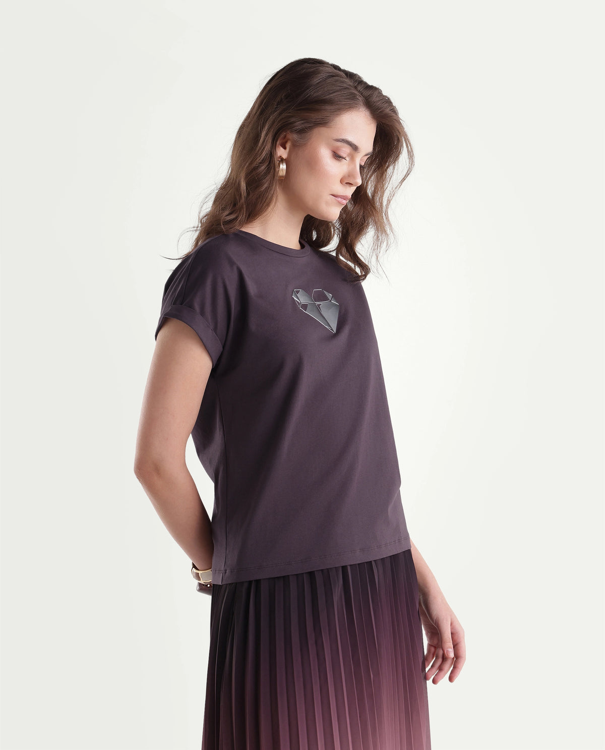 Rareism Women's Pline Dark Purple Cotton Blend Pull-On Relaxed Fit Embroidered T-Shirt