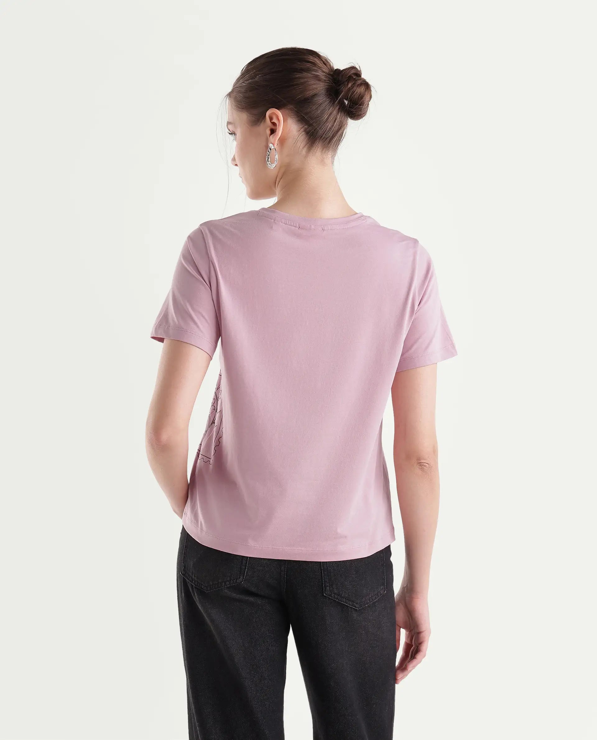Rareism Women's Pecko Dusky Pink Cotton Blend Pull-On Relaxed Fit Printed T-Shirt