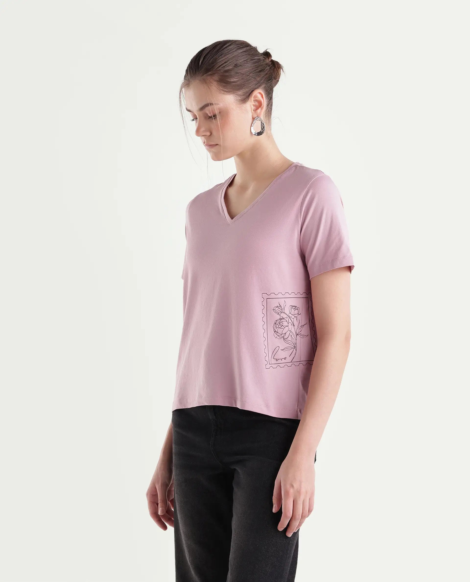 Rareism Women's Pecko Dusky Pink Cotton Blend Pull-On Relaxed Fit Printed T-Shirt