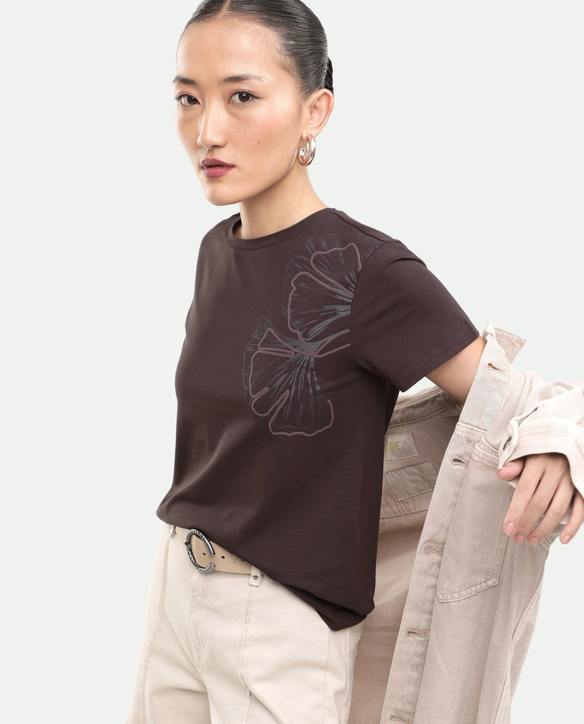Rareism Women's Puncho Dark Brown Cotton Blend Pull-On Regular Fit Printed T-Shirt