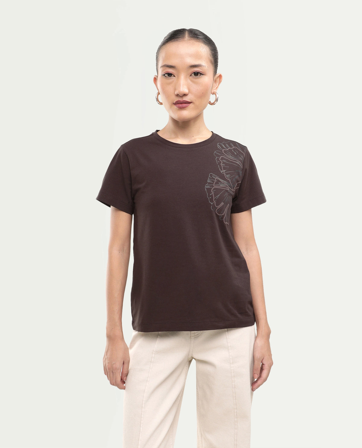 Rareism Women's Puncho Dark Brown Cotton Blend Pull-On Regular Fit Printed T-Shirt