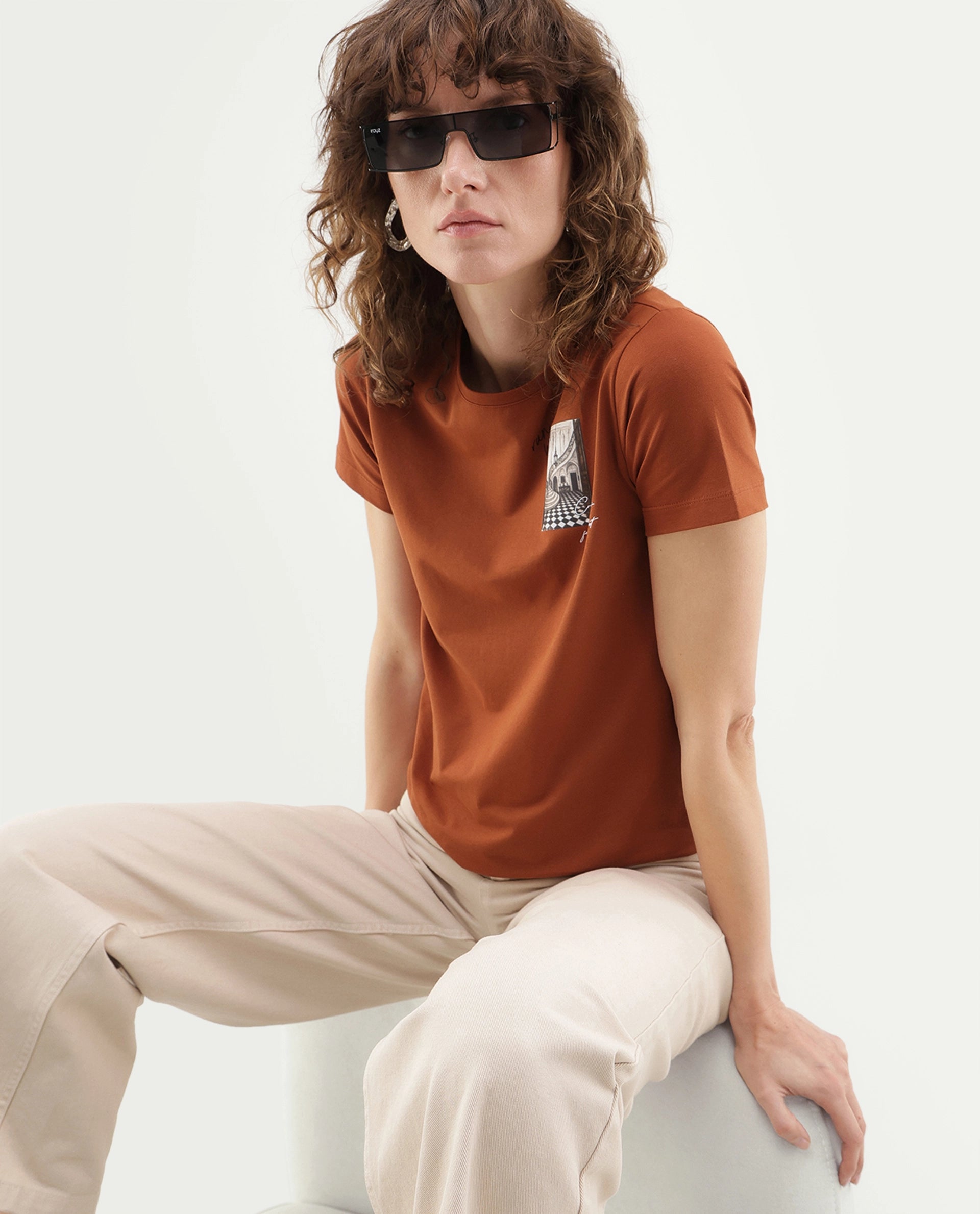 Rareism Women's Pail Dark Orange Cotton Blend Pull-On Regular Fit Digital Print T-Shirt
