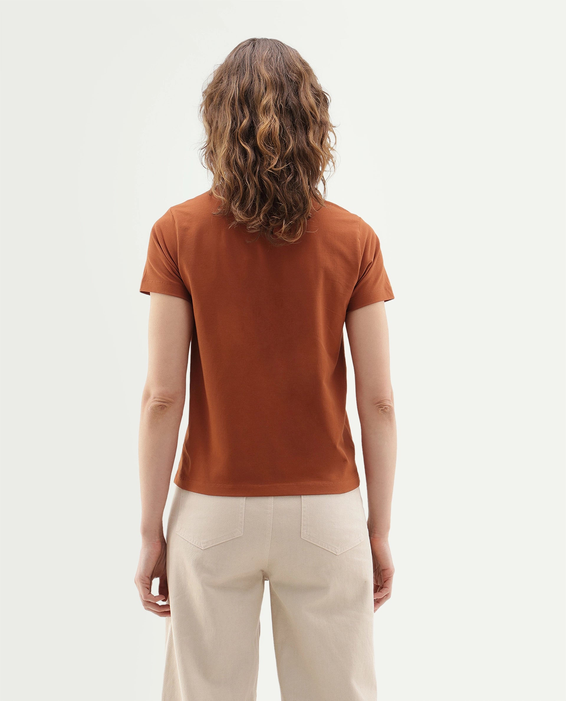 Rareism Women's Pail Dark Orange Cotton Blend Pull-On Regular Fit Digital Print T-Shirt