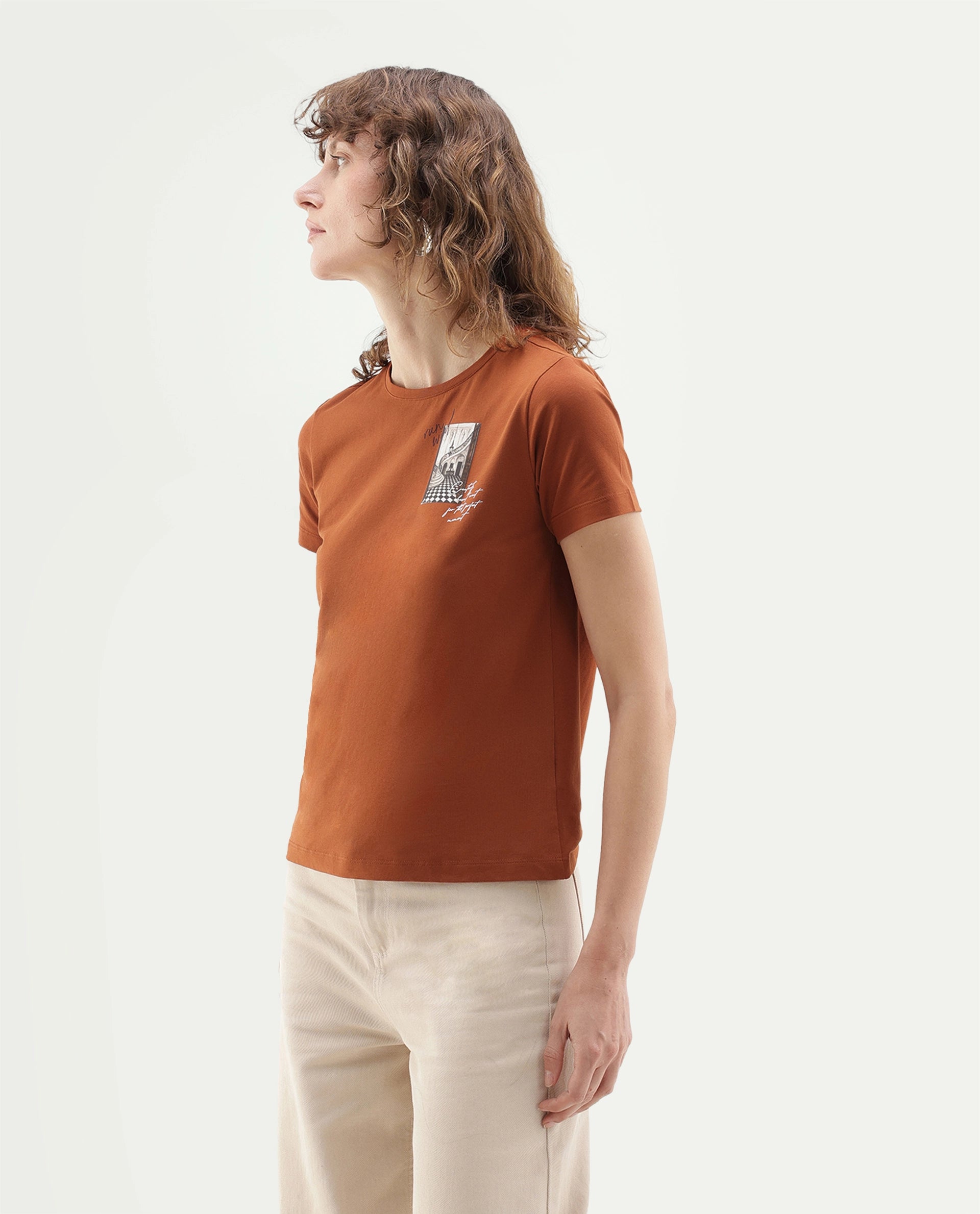 Rareism Women's Pail Dark Orange Cotton Blend Pull-On Regular Fit Digital Print T-Shirt
