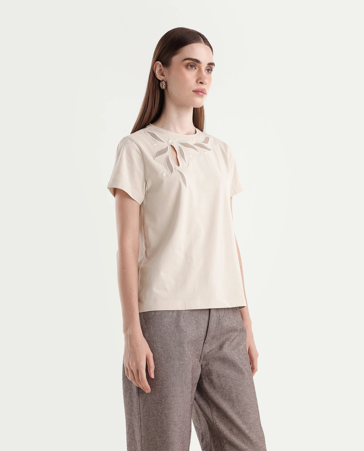 Rareism Women's Pexs Light Beige Cotton Blend Pull-On Regular Fit Printed T-Shirt - image 4