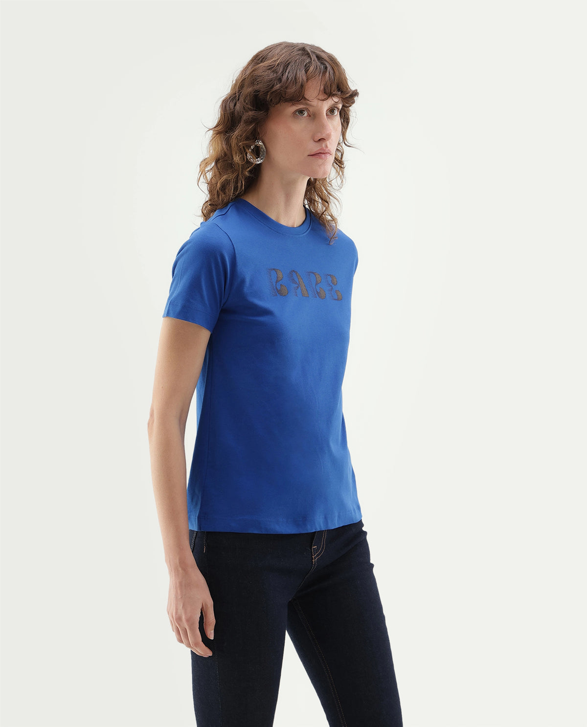Rareism Women's Pots Dark Blue Cotton Pull-On Regular Fit Typography Print T-Shirt