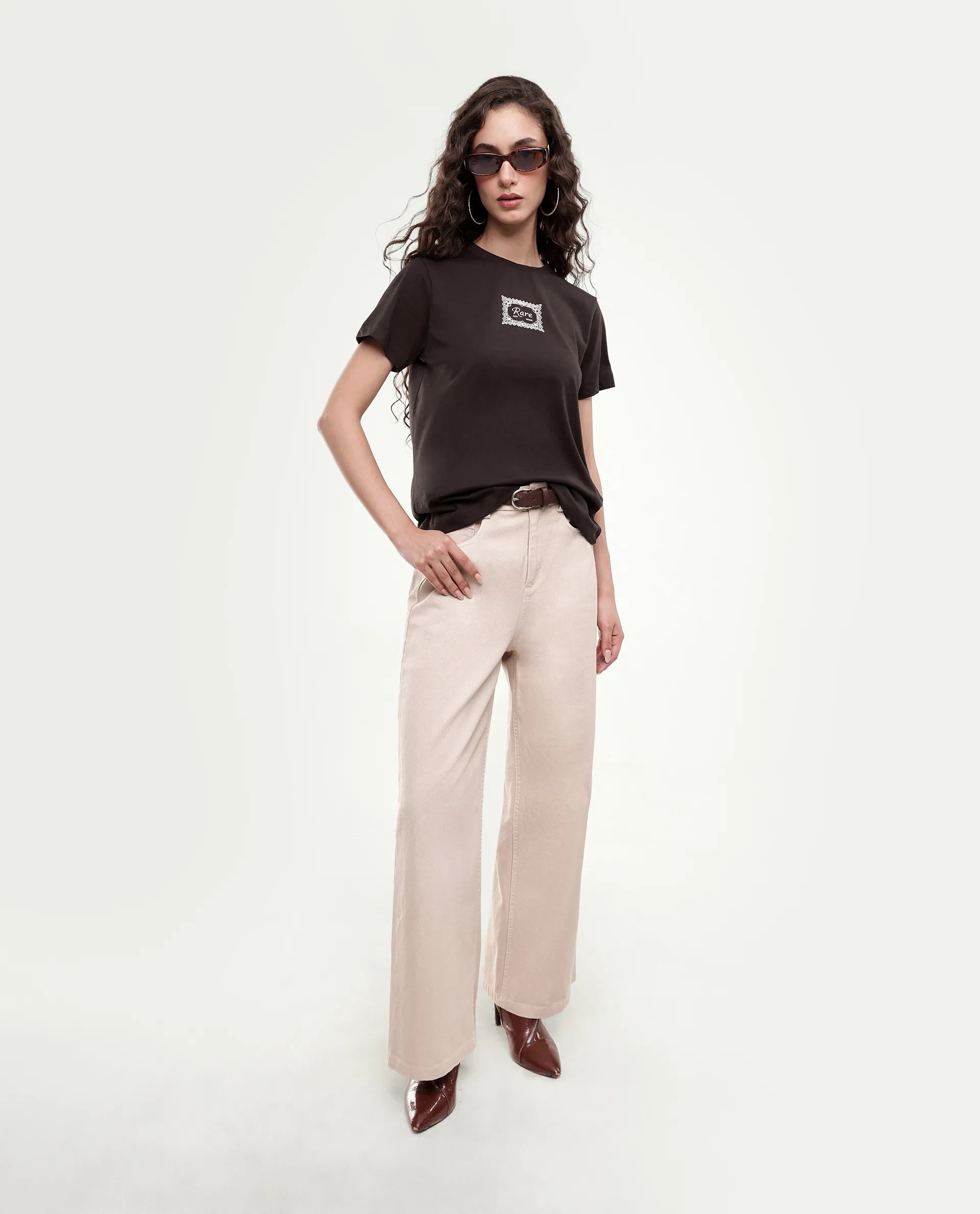 Rareism Women's Pido Dark Brown Cotton Pull-On Regular Fit Hd Print T-Shirt