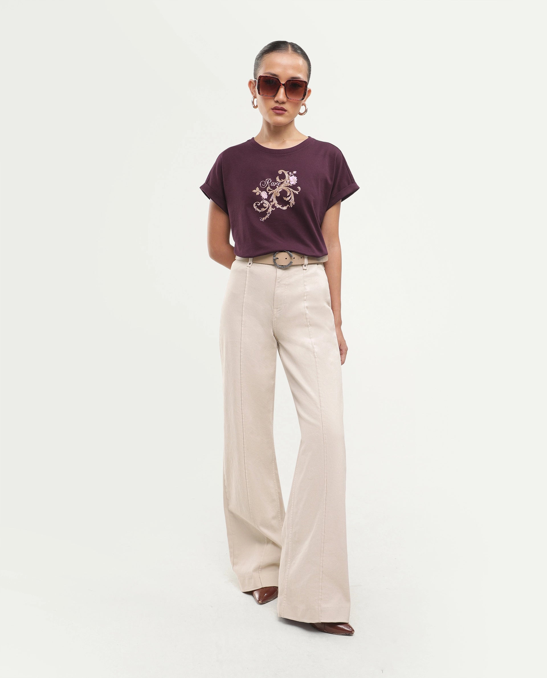 Rareism Women's Pickle Dark Maroon Cotton Pull-On Regular Fit Printed T-Shirt