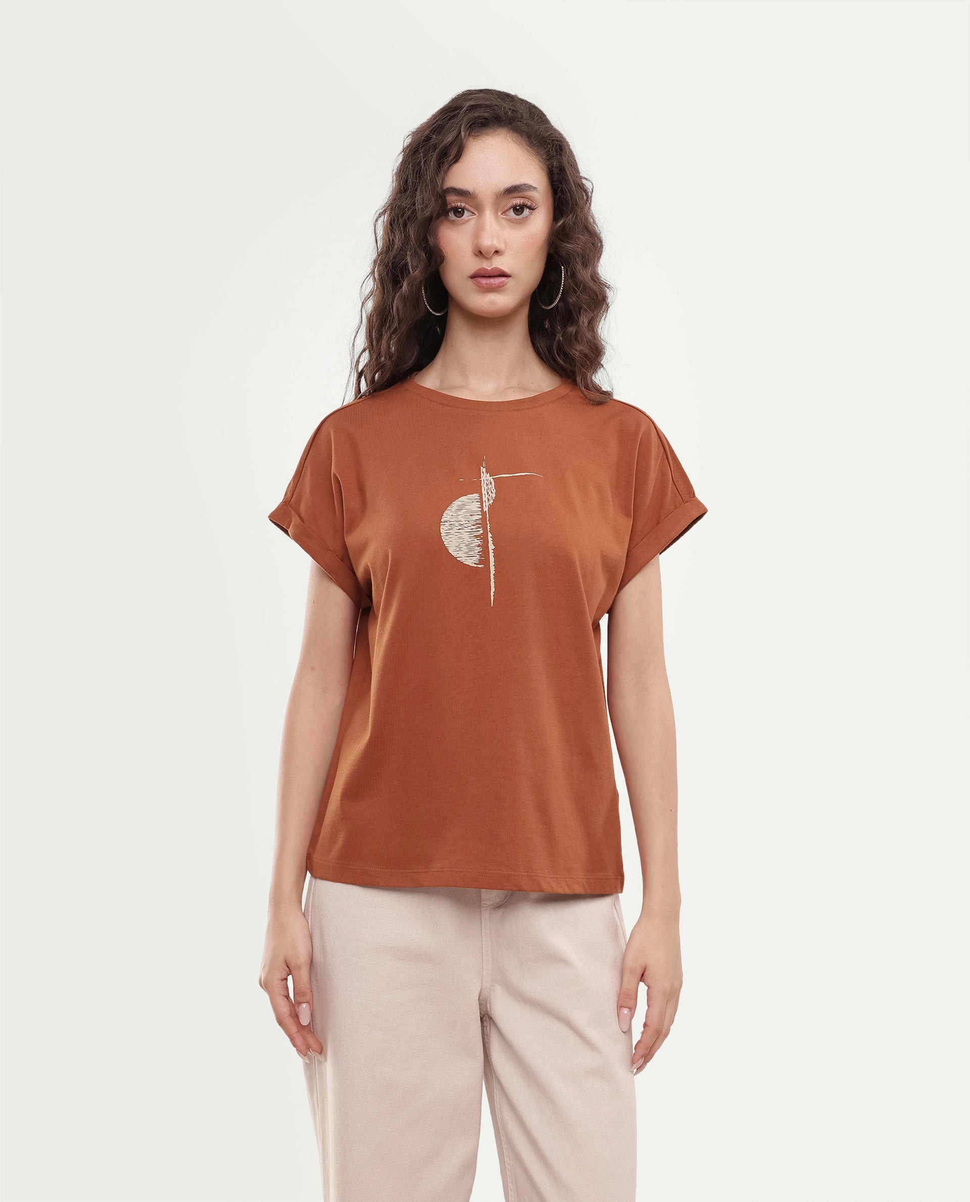 Rareism Women's Paximo Rust Cotton Pull-On Regular Fit Hd Print T-Shirt