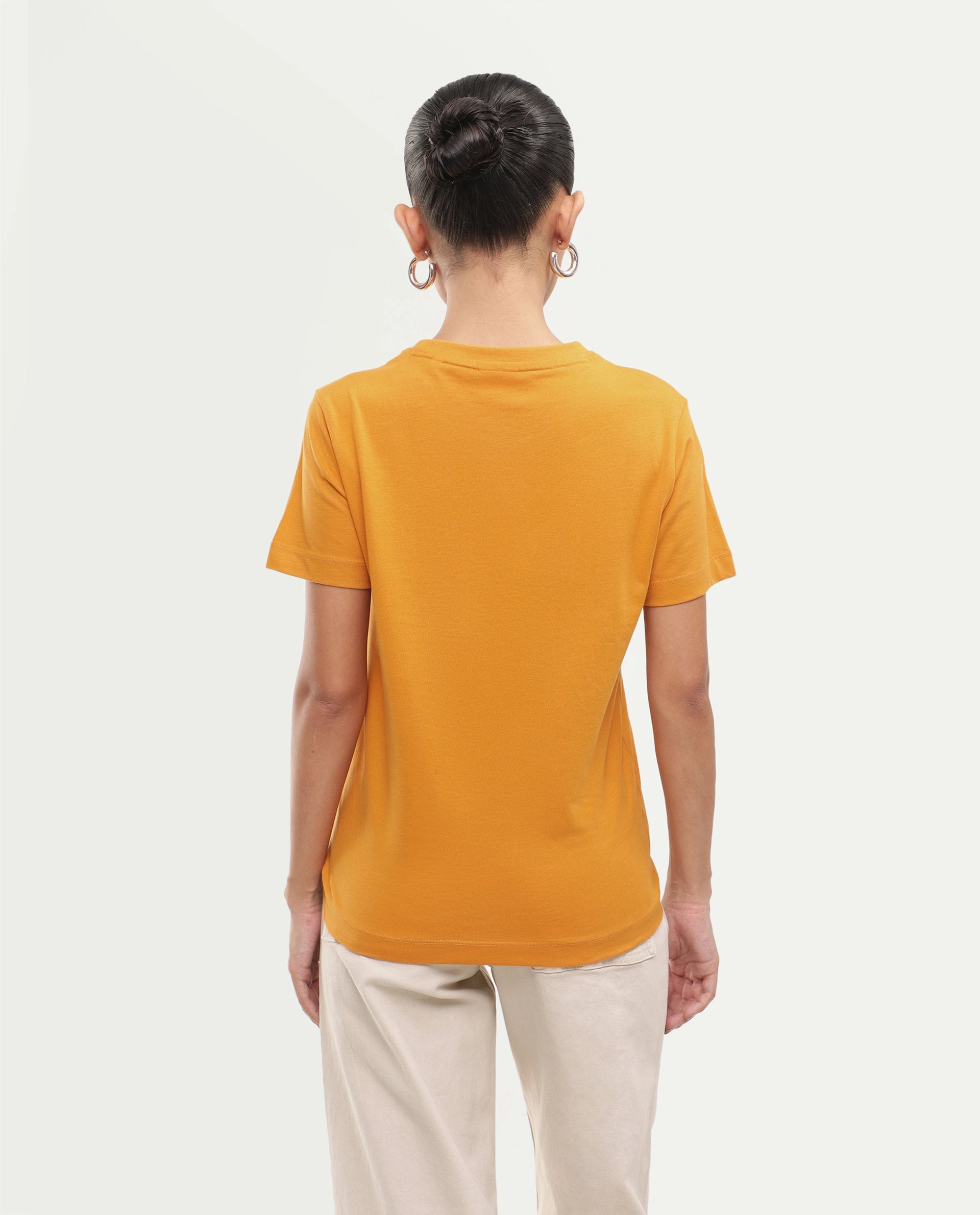 Rareism Women's Printzo Dark Yellow Cotton Pull-On Regular Fit Printed T-Shirt