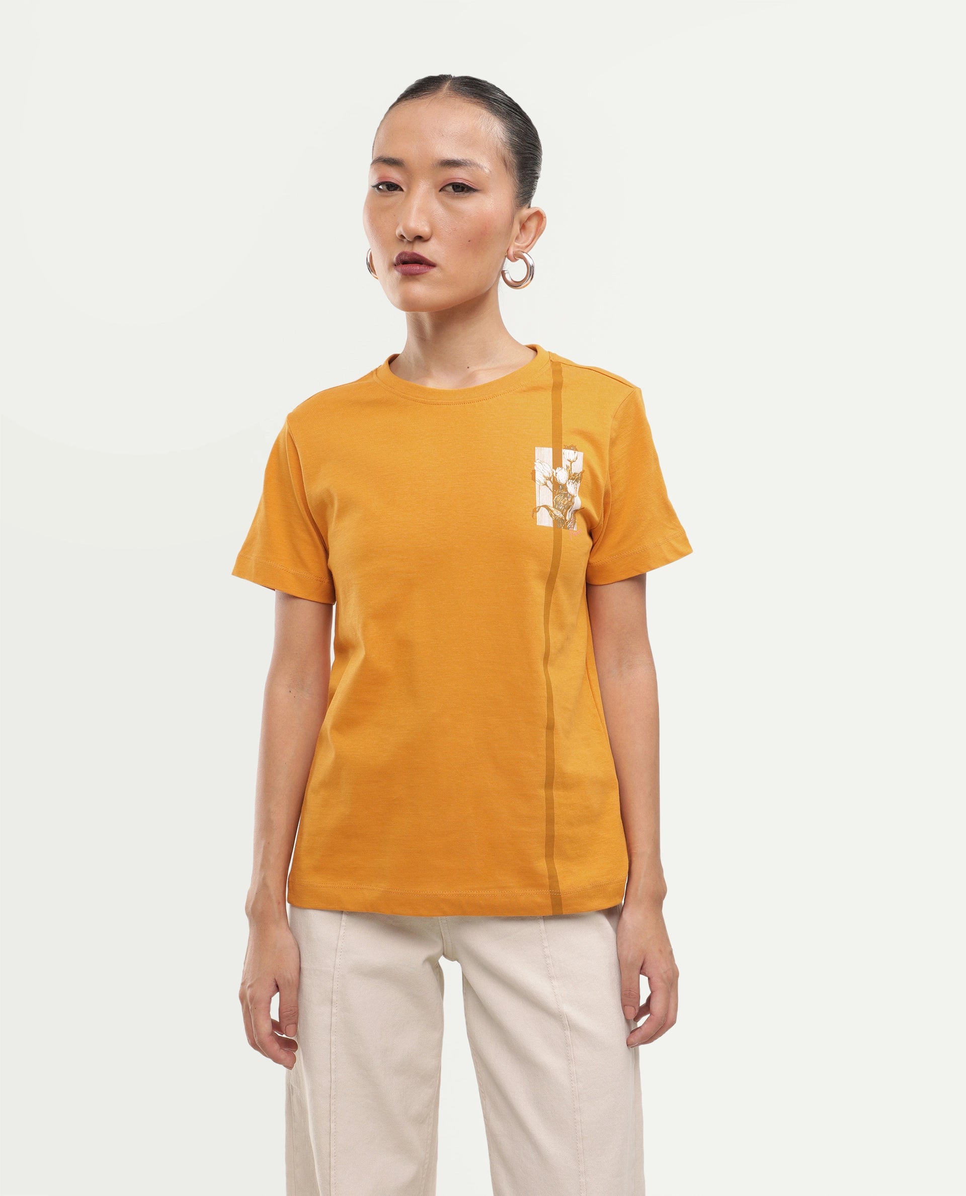 Rareism Women's Printzo Dark Yellow Cotton Pull-On Regular Fit Printed T-Shirt