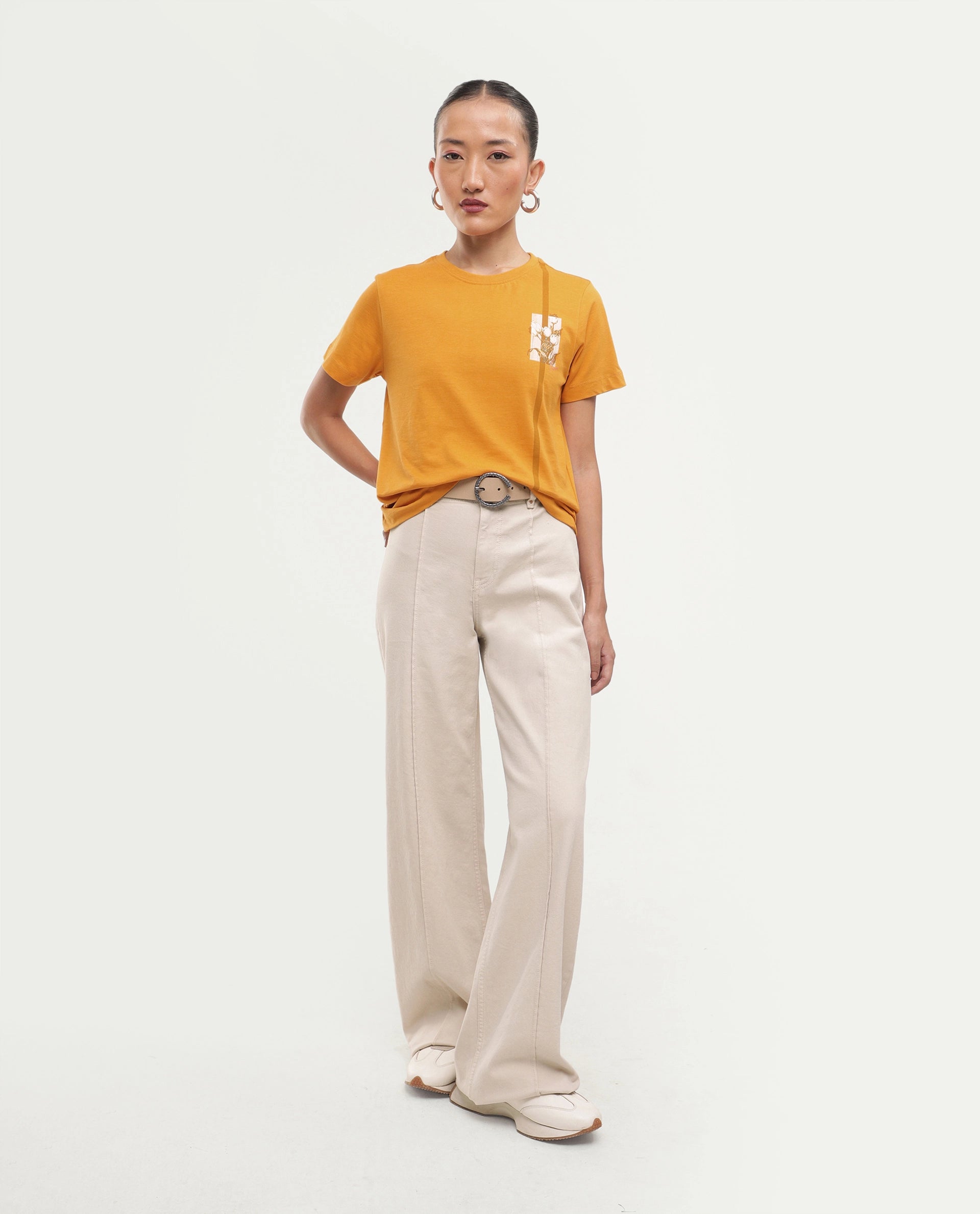 Rareism Women's Printzo Dark Yellow Cotton Pull-On Regular Fit Printed T-Shirt