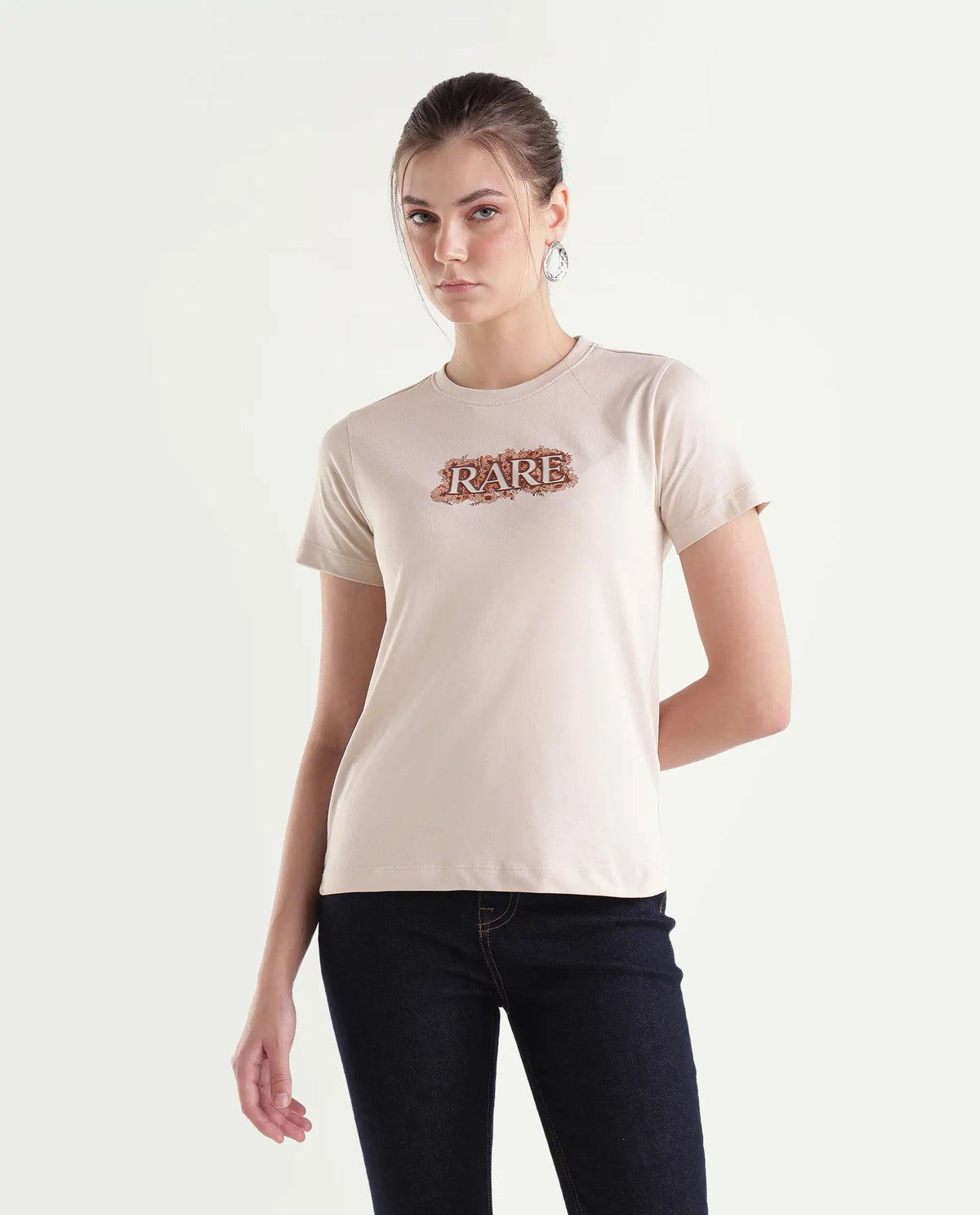 Rareism Women's Powl Light Beige Cotton Pull-On Regular Fit Floral Print T-Shirt
