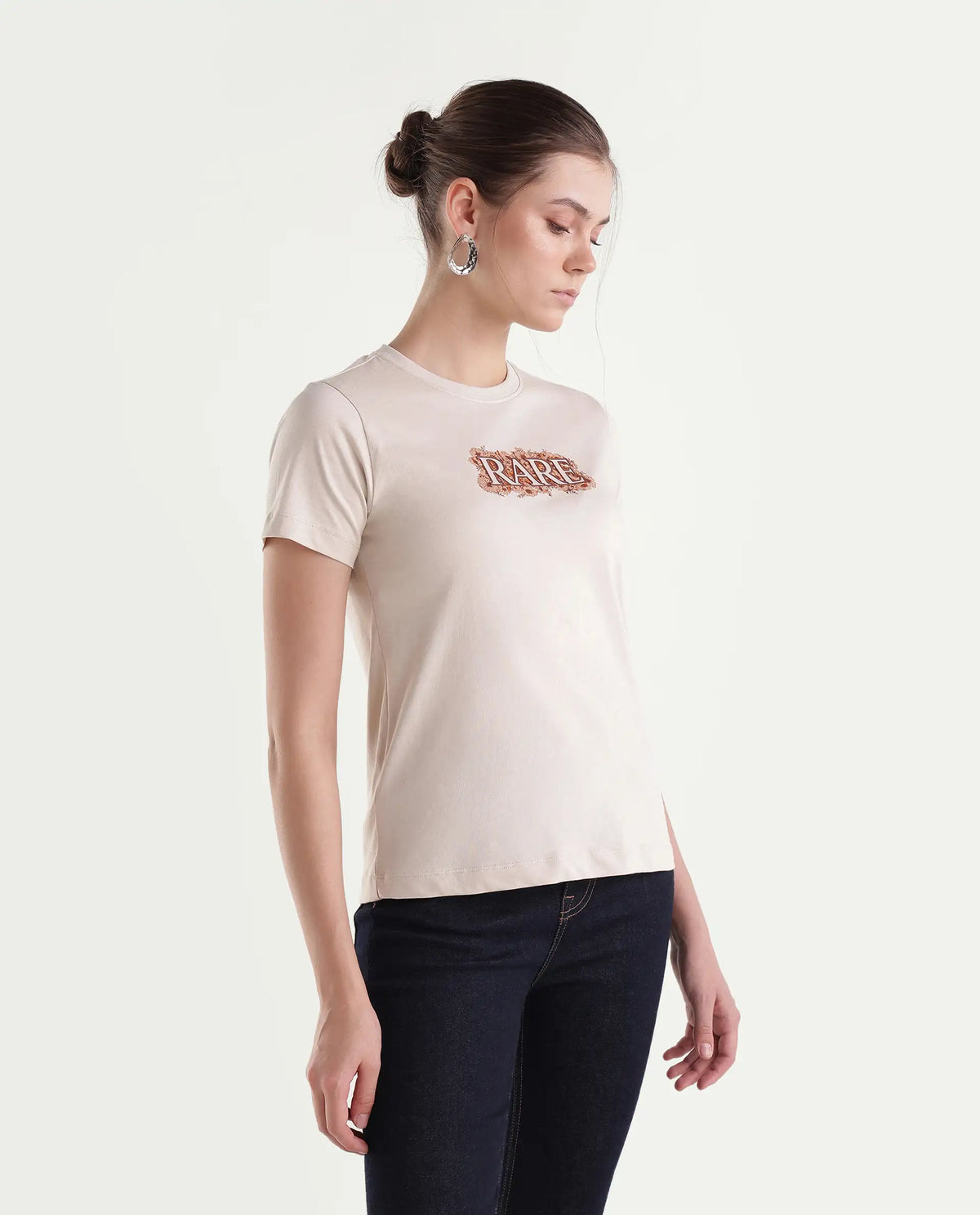 Rareism Women's Powl Light Beige Cotton Pull-On Regular Fit Floral Print T-Shirt