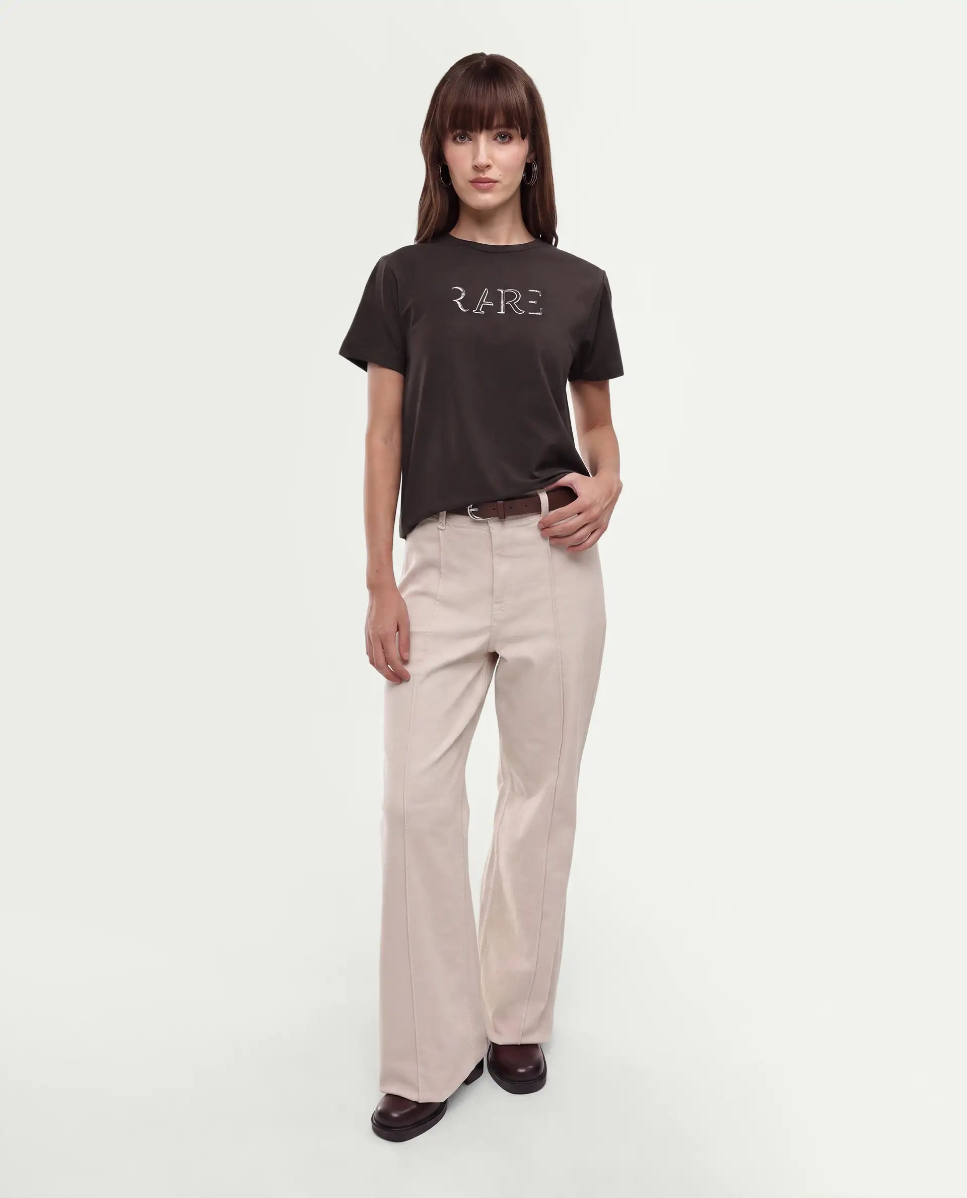 Rareism Women's Peatl Dark Brown Cotton Blend Pull-On Regular Fit Typography Print T-Shirt