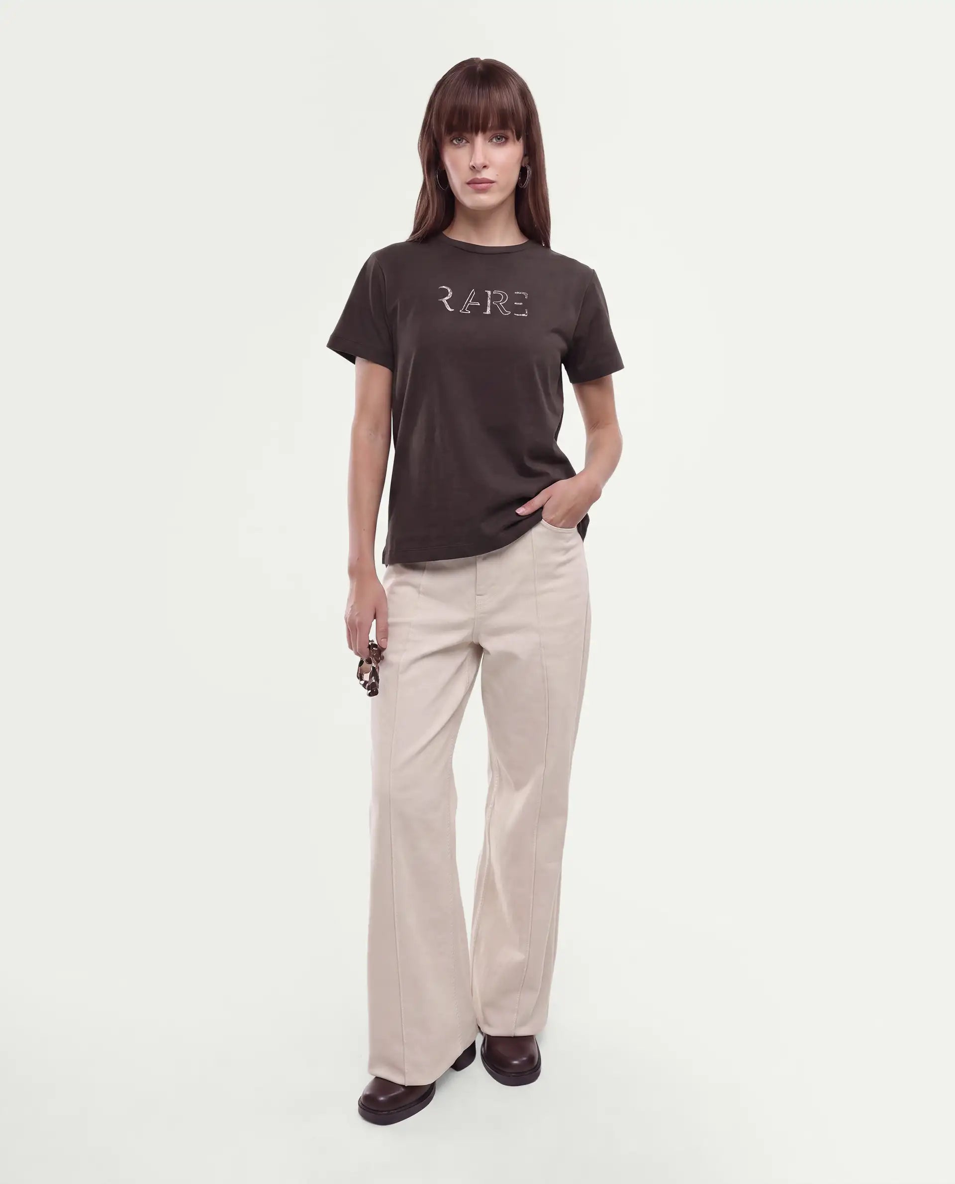 Rareism Women's Peatl Dark Brown Cotton Blend Pull-On Regular Fit Typography Print T-Shirt