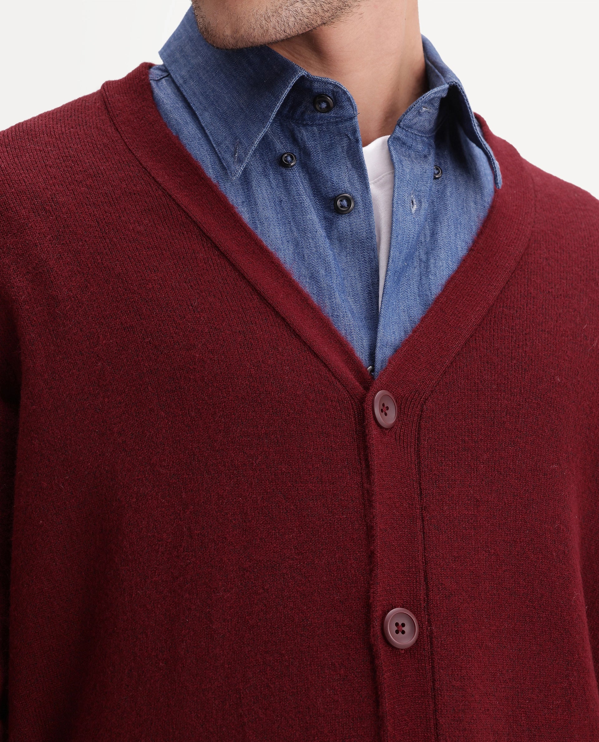 Rare Rabbit Men's Card Dark Red Acrylic Blend Button Regular Fit Plain Sweater