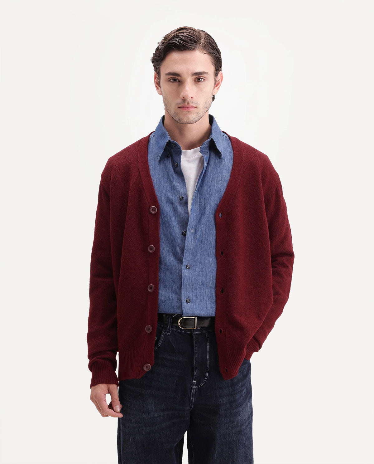 Rare Rabbit Men's Card Dark Red Acrylic Blend Button Regular Fit Plain Sweater
