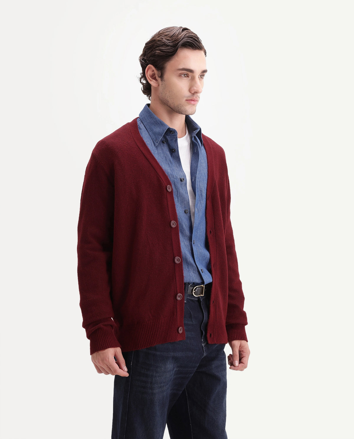 Rare Rabbit Men's Card Dark Red Acrylic Blend Button Regular Fit Plain Sweater
