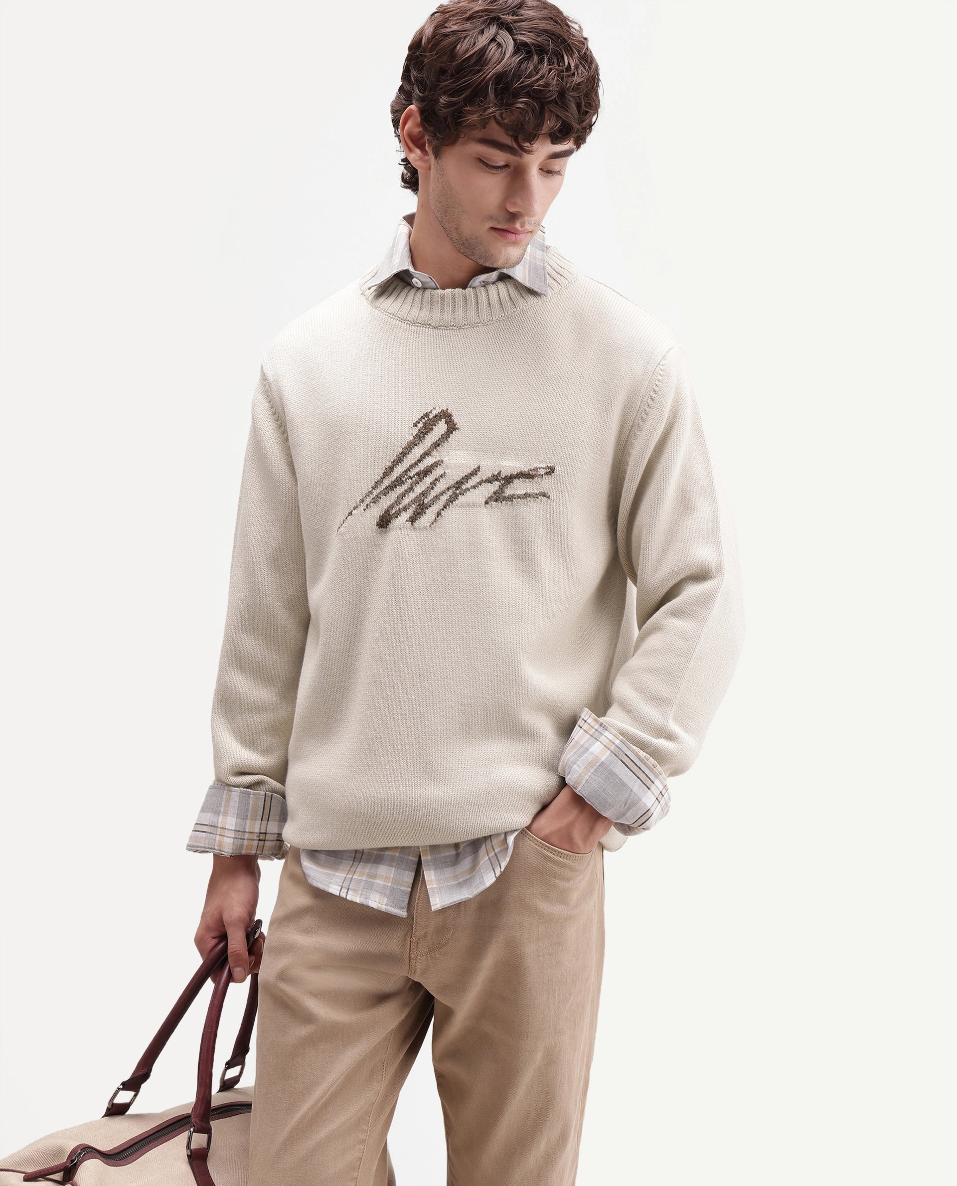 Rare Rabbit Men's Drok Off White Acrylic Regular Fit Acrylic Sweater