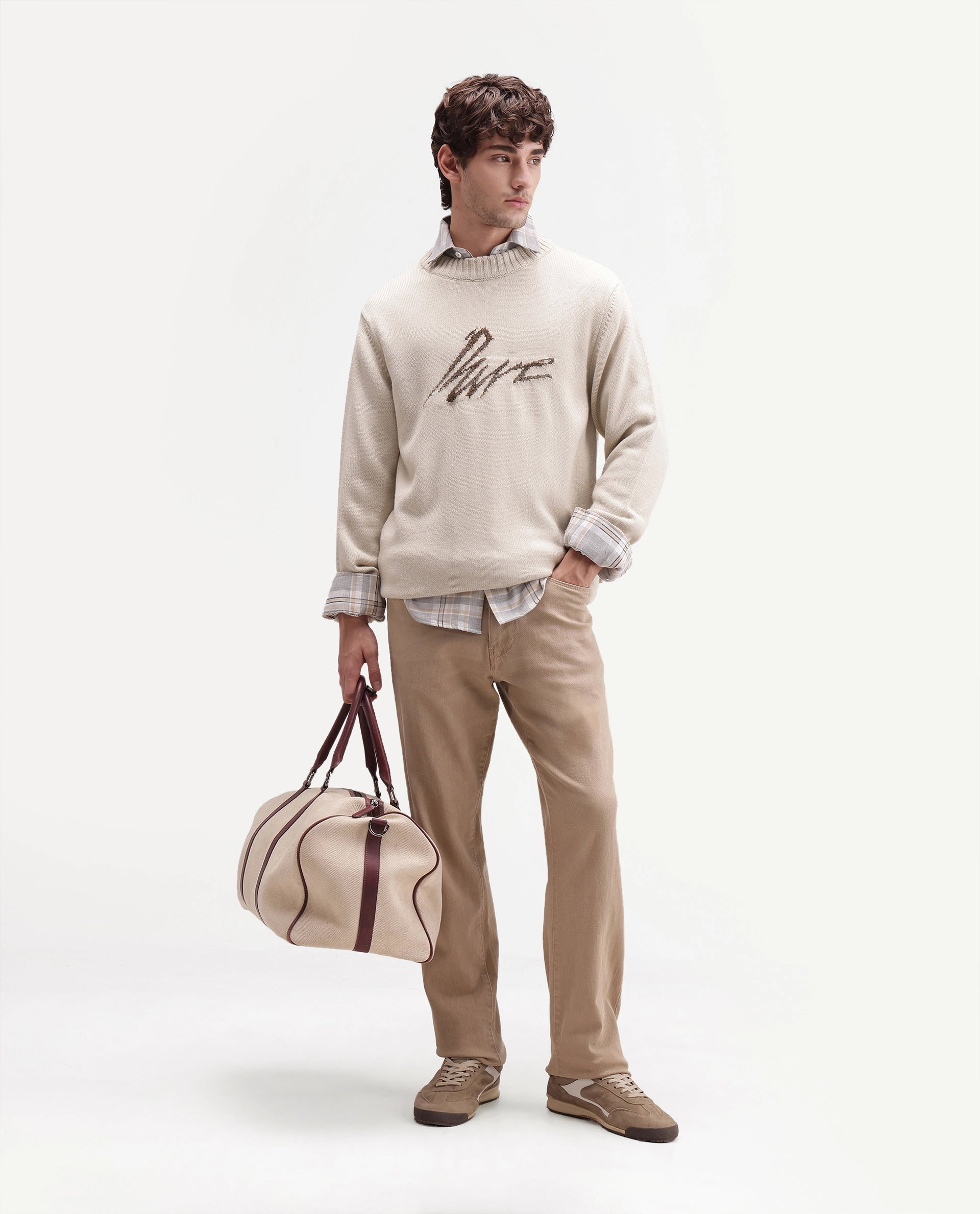 Rare Rabbit Men's Drok Off White Acrylic Regular Fit Acrylic Sweater
