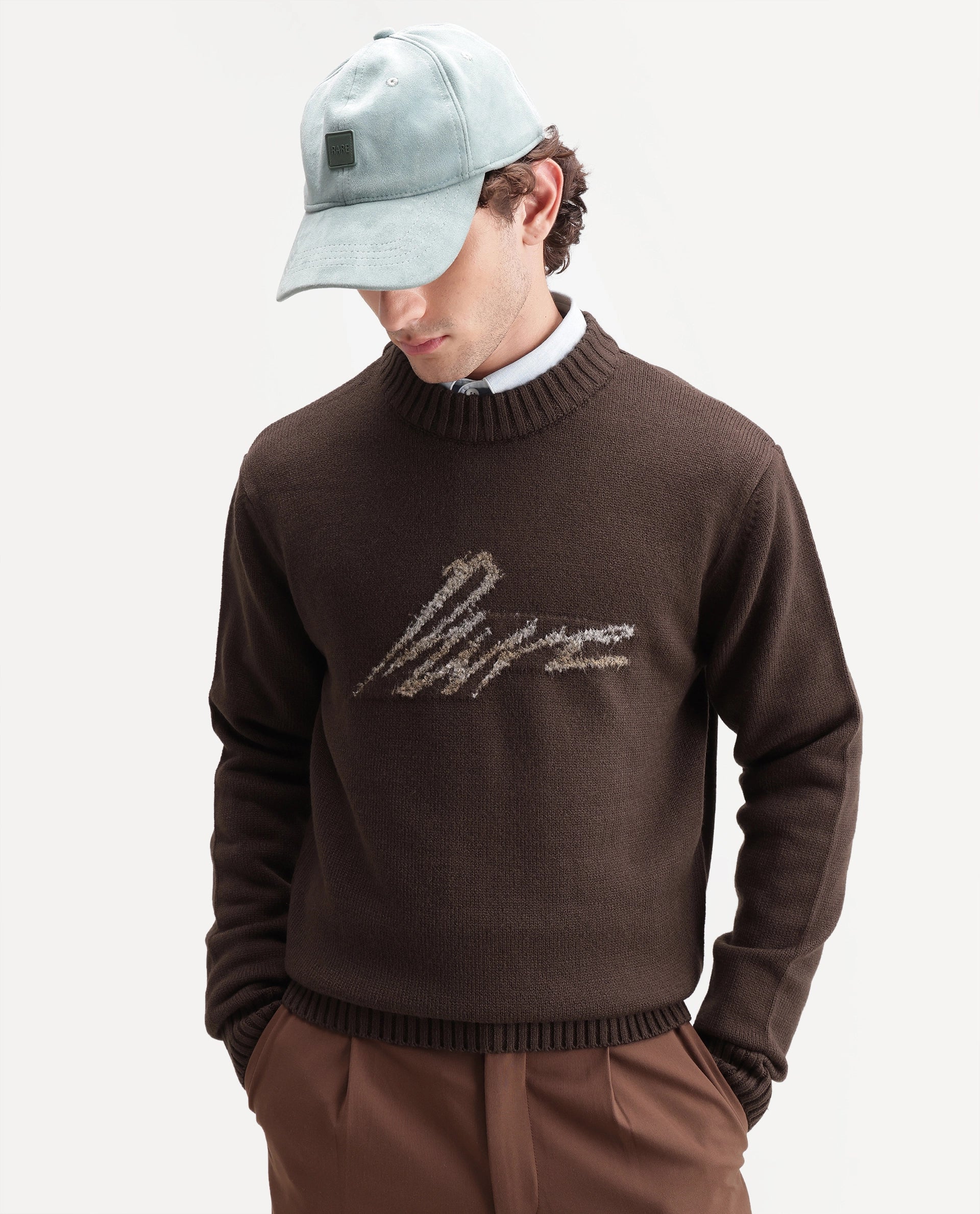 Rare Rabbit Men's Drok Brown Acrylic Regular Fit Acrylic Sweater