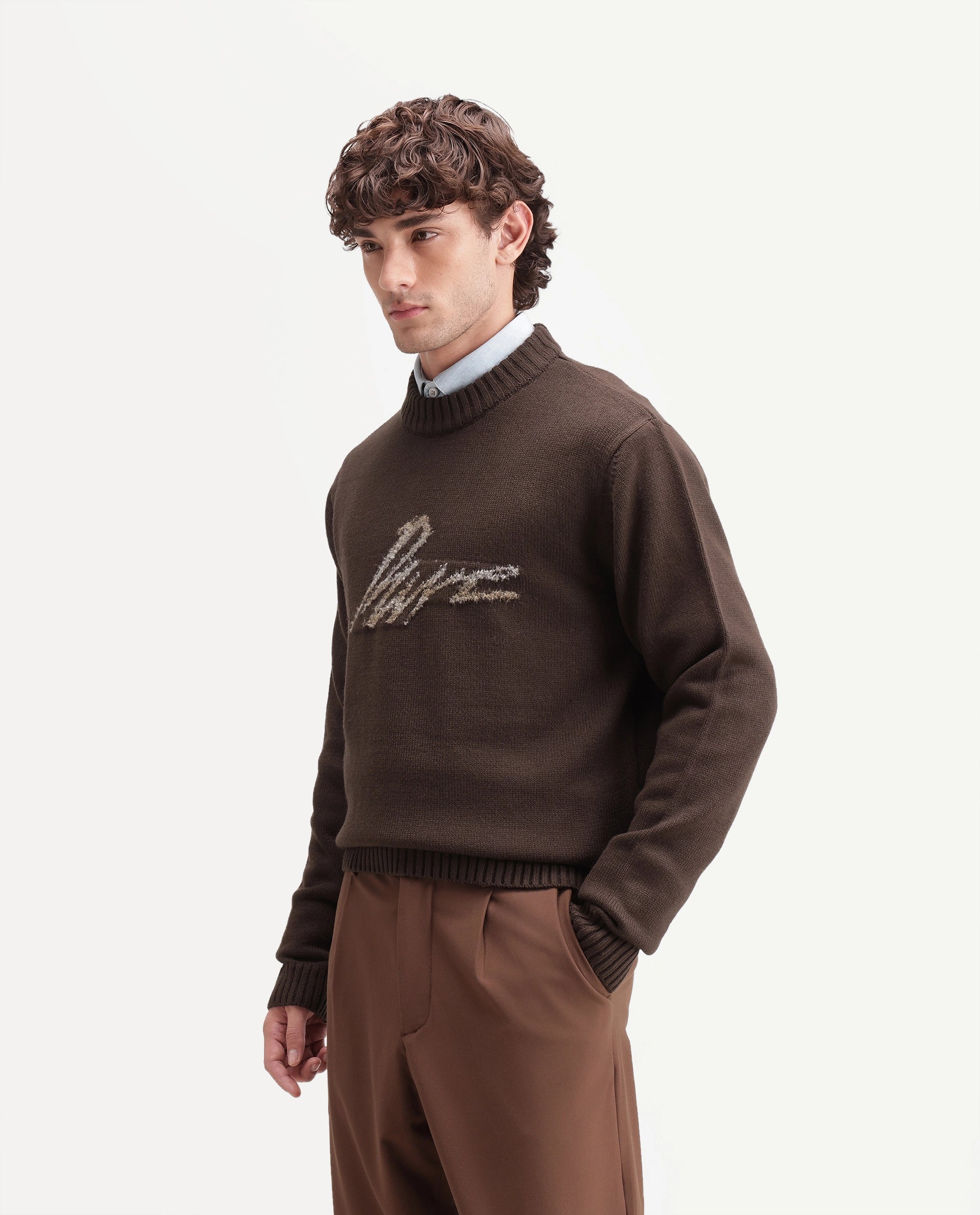 Rare Rabbit Men's Drok Brown Acrylic Regular Fit Acrylic Sweater