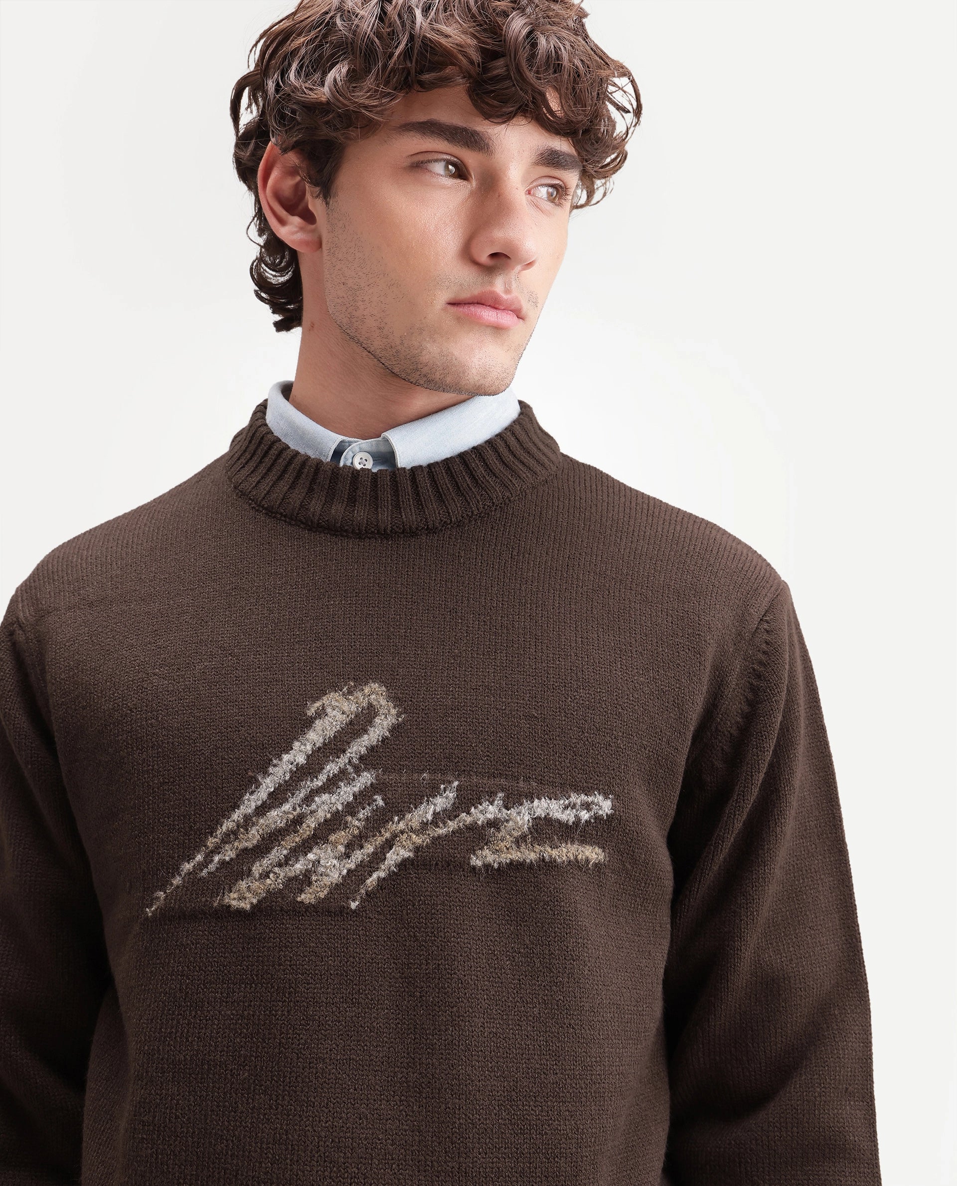 Rare Rabbit Men's Drok Brown Acrylic Regular Fit Acrylic Sweater