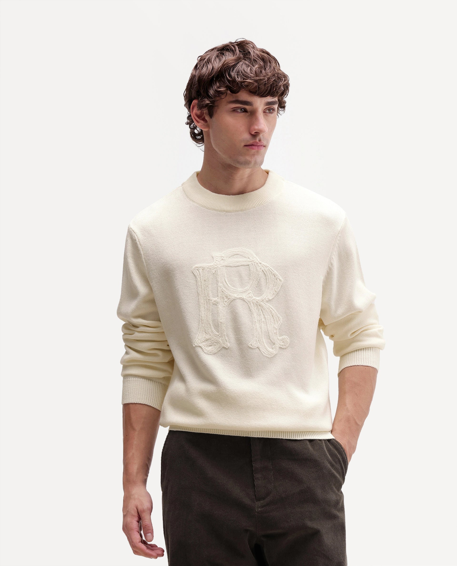 Rare Rabbit Men's Voss Off White Acrylic Regular Fit Embroidered Sweater