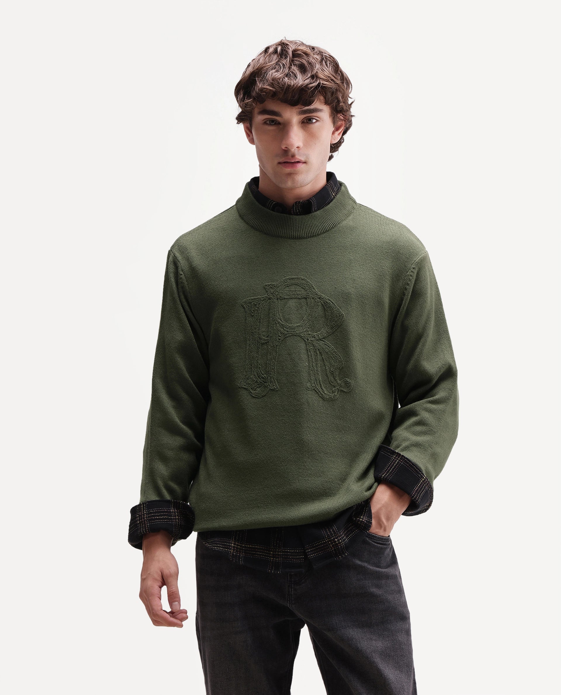 Rare Rabbit Men's Voss Olive Acrylic Regular Fit Embroidered Sweater