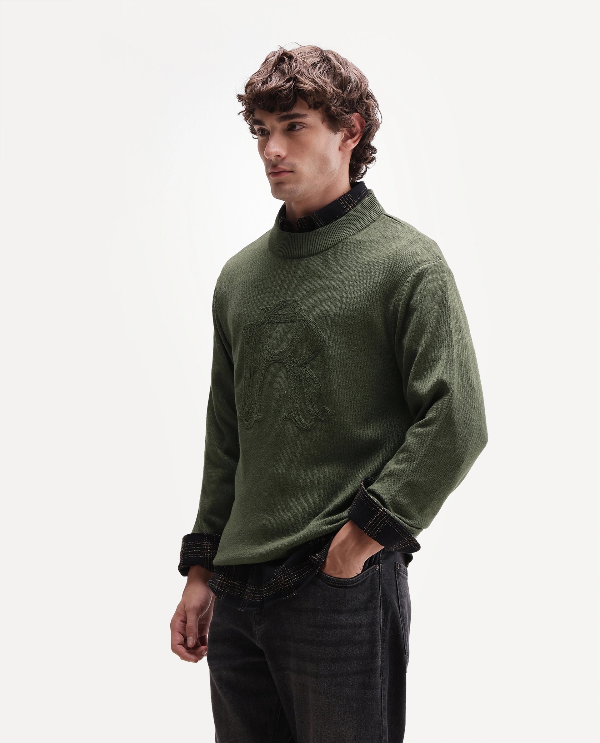 Rare Rabbit Men's Voss Olive Acrylic Regular Fit Embroidered Sweater