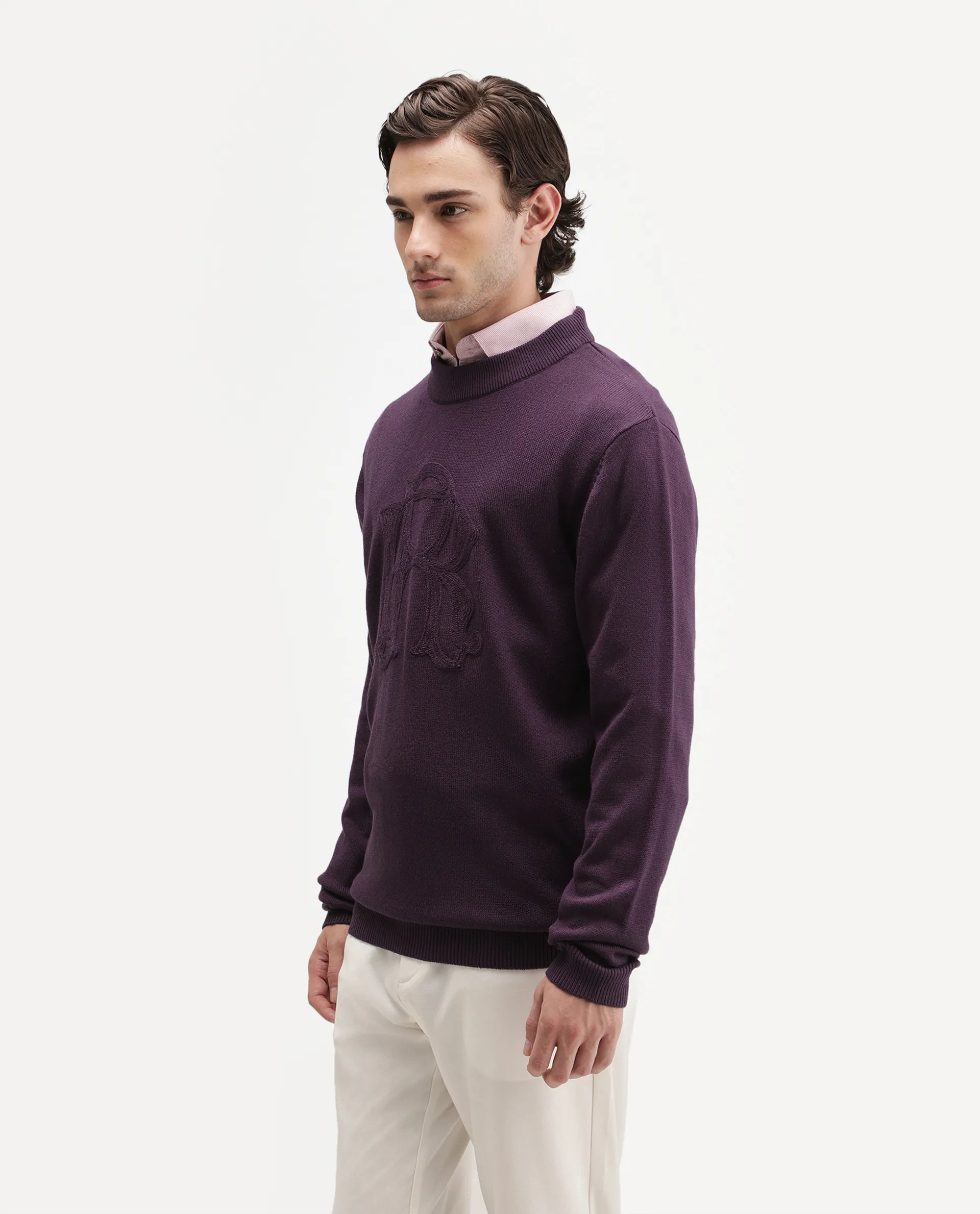 Rare Rabbit Men's Voss Dark Purple Acrylic Regular Fit Embroidered Sweater
