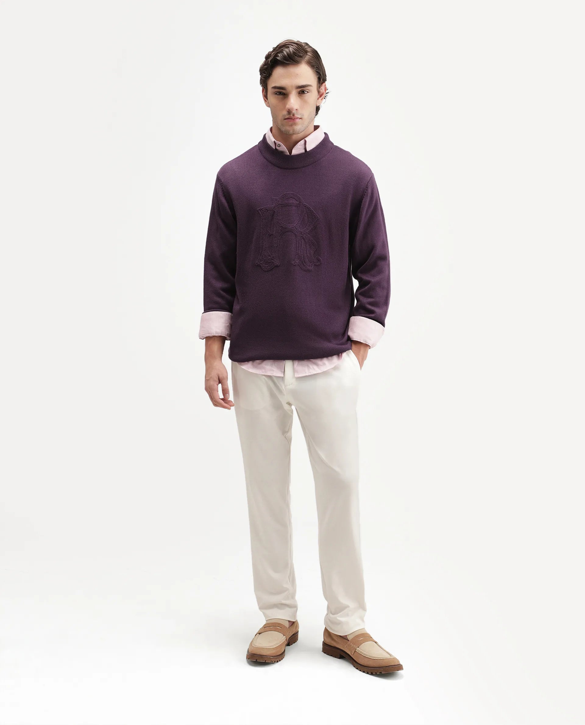 Rare Rabbit Men's Voss Dark Purple Acrylic Regular Fit Embroidered Sweater