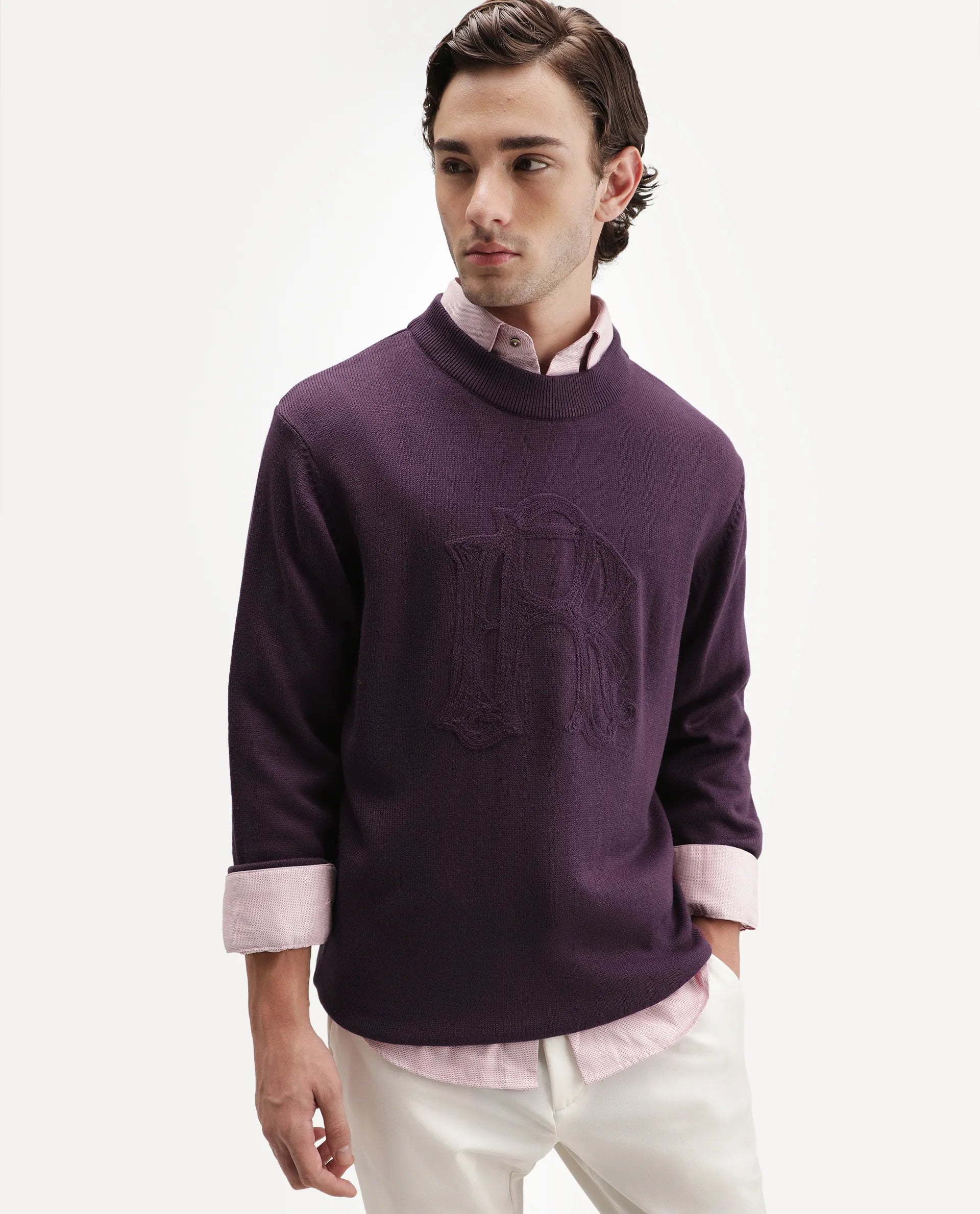 Rare Rabbit Men's Voss Dark Purple Acrylic Regular Fit Embroidered Sweater