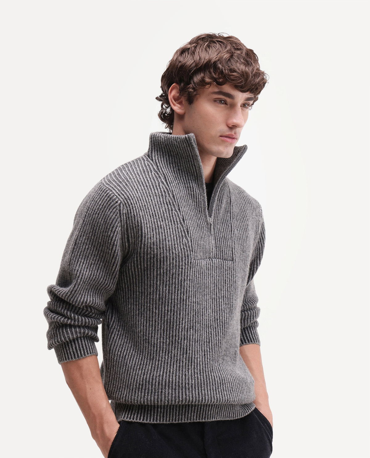Rare Rabbit Men's Nalu Dark Grey Wool Blend Zipper Regular Fit Striped Sweater