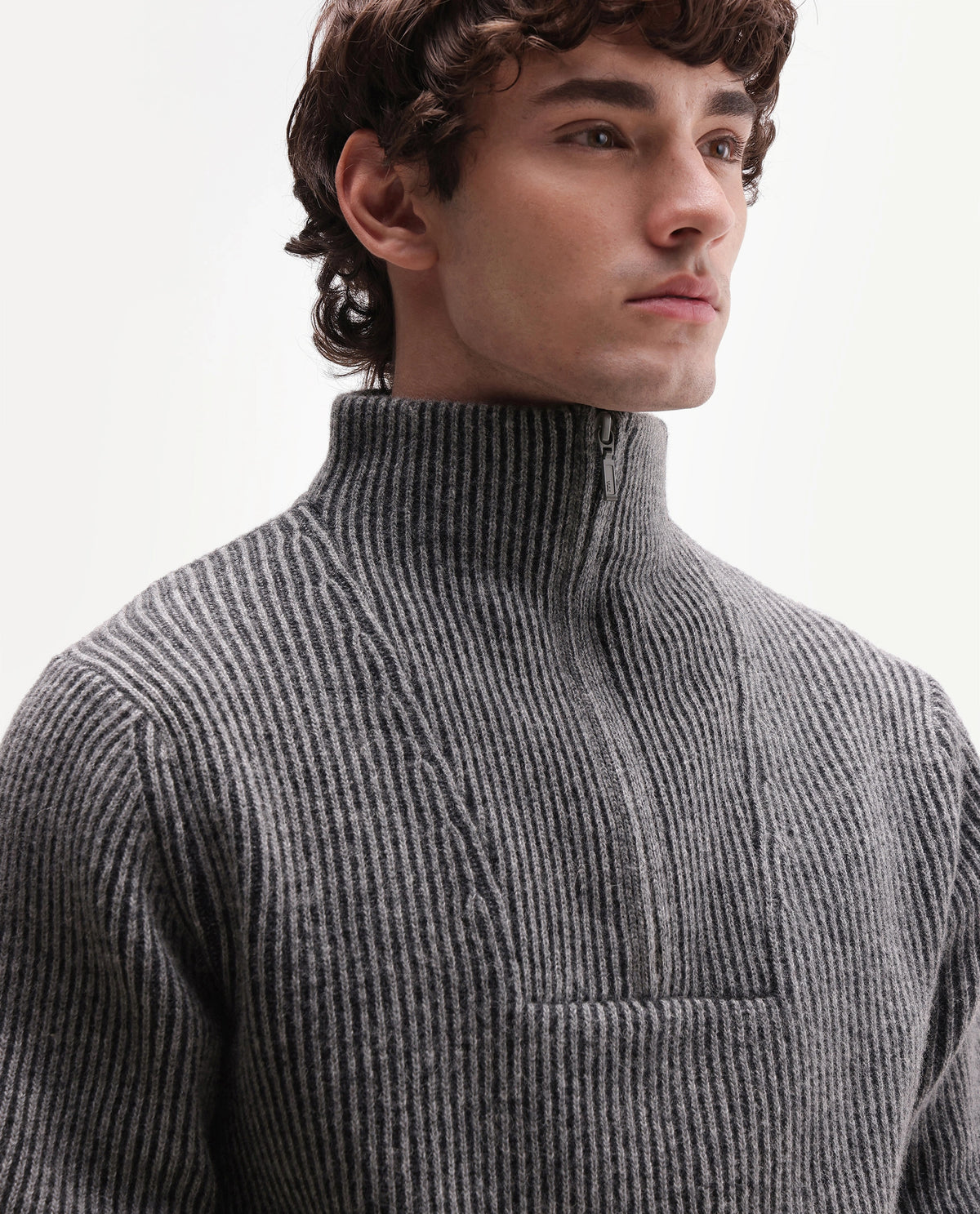 Rare Rabbit Men's Nalu Dark Grey Wool Blend Zipper Regular Fit Striped Sweater