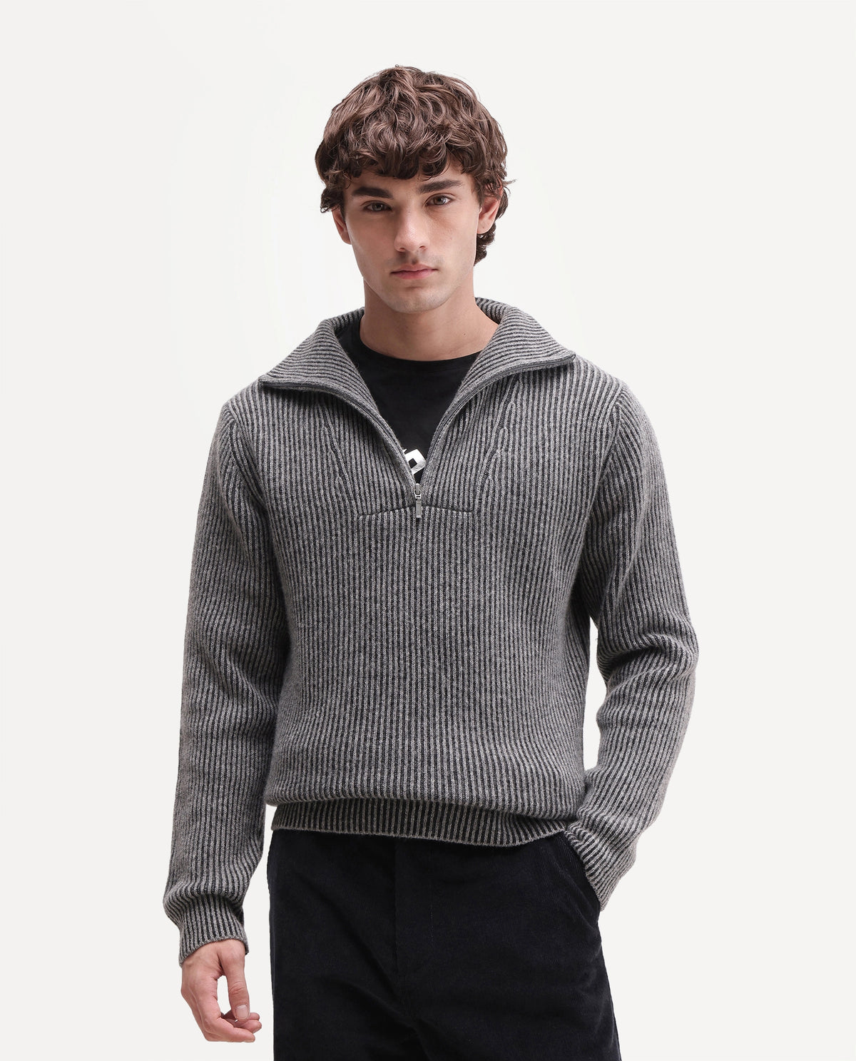 Rare Rabbit Men's Nalu Dark Grey Wool Blend Zipper Regular Fit Striped Sweater