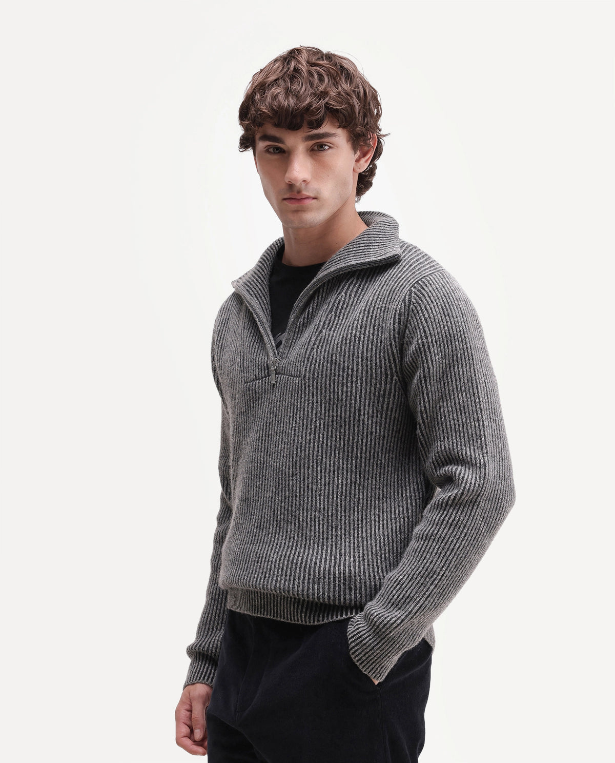 Rare Rabbit Men's Nalu Dark Grey Wool Blend Zipper Regular Fit Striped Sweater