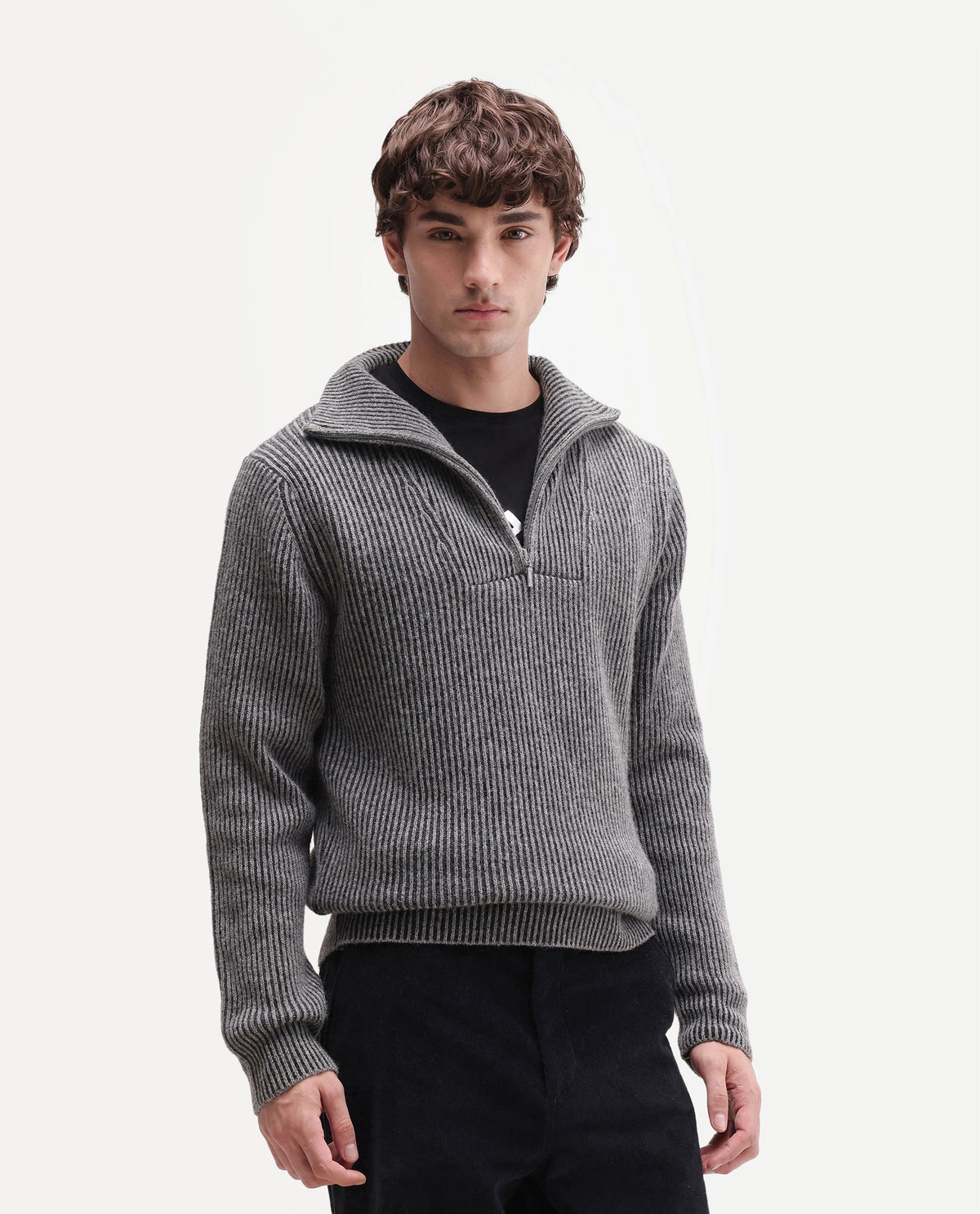 Rare Rabbit Men's Nalu Dark Grey Wool Blend Zipper Regular Fit Striped Sweater