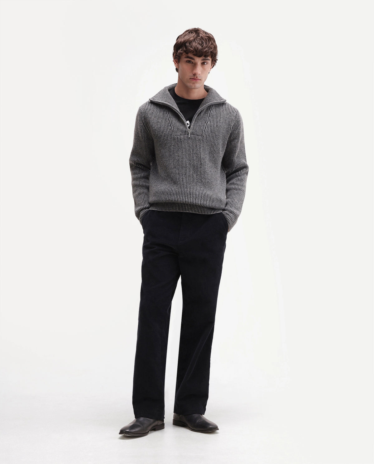 Rare Rabbit Men's Nalu Dark Grey Wool Blend Zipper Regular Fit Striped Sweater