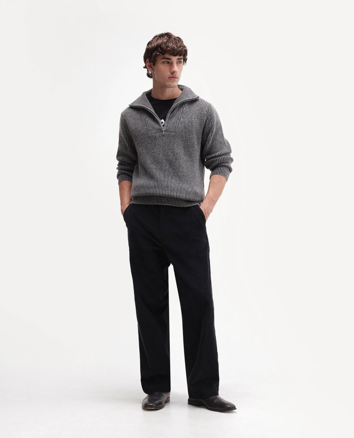 Rare Rabbit Men's Nalu Dark Grey Wool Blend Zipper Regular Fit Striped Sweater