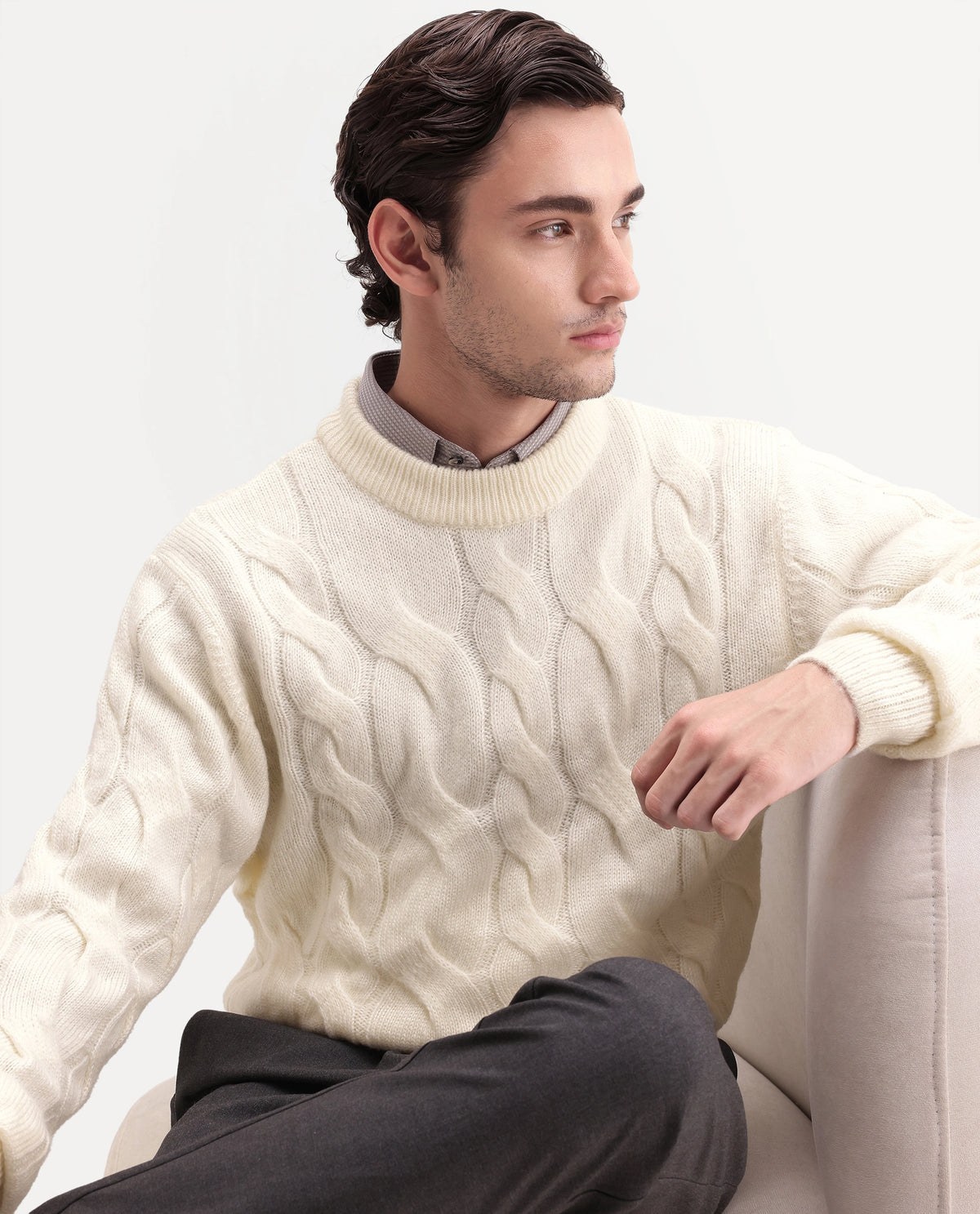 Rare Rabbit Men's Hury Off White Acrylic Blend Pull-On Regular Fit Textured Sweater