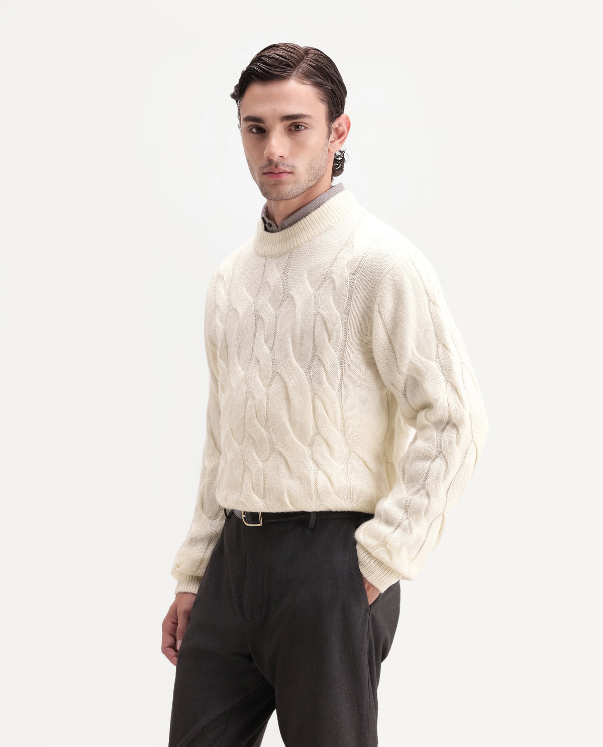 Rare Rabbit Men's Hury Off White Acrylic Blend Pull-On Regular Fit Textured Sweater