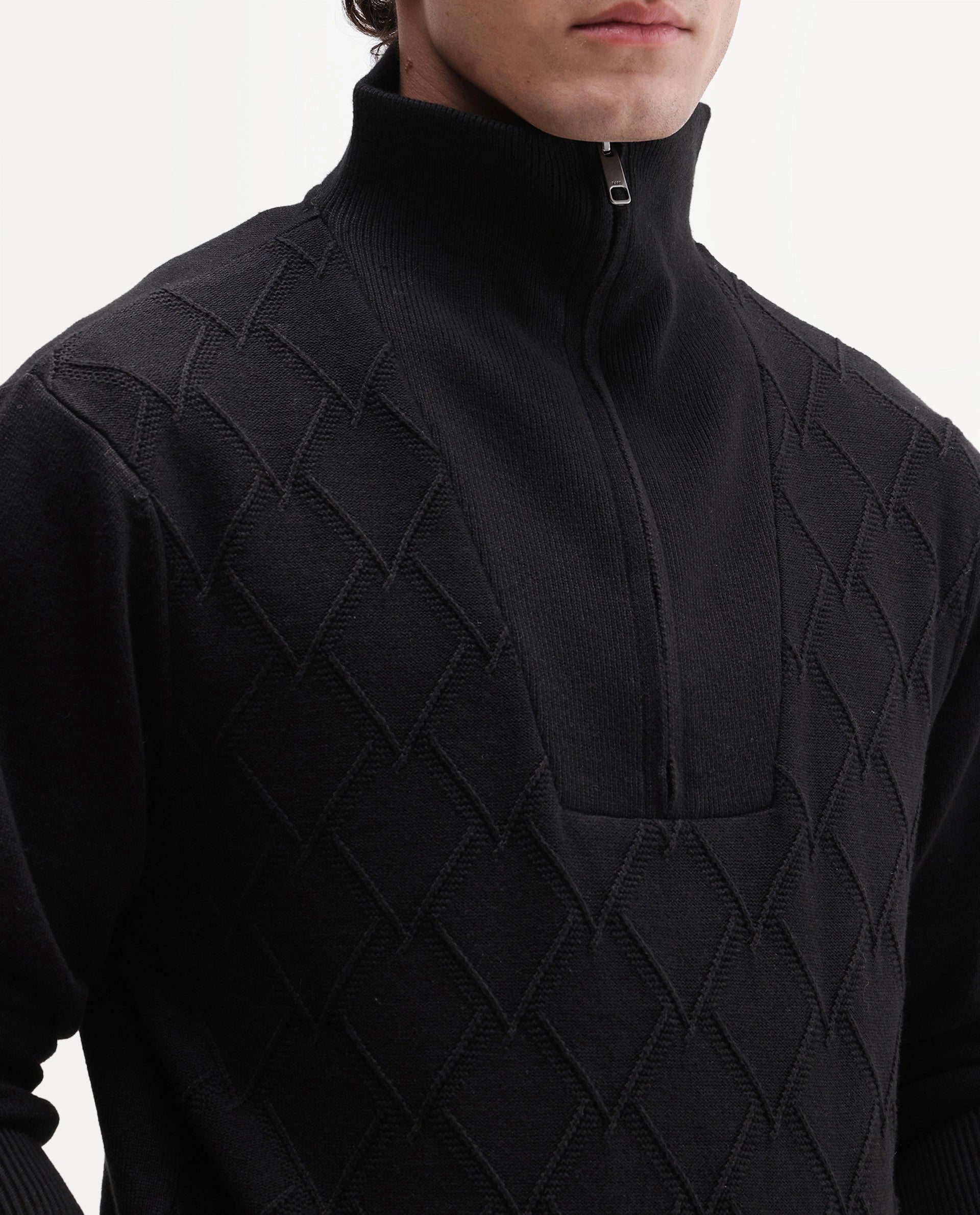Rare Rabbit Men's Mivor Black Cotton Zipper Regular Fit High Neck Jacquard Sweater