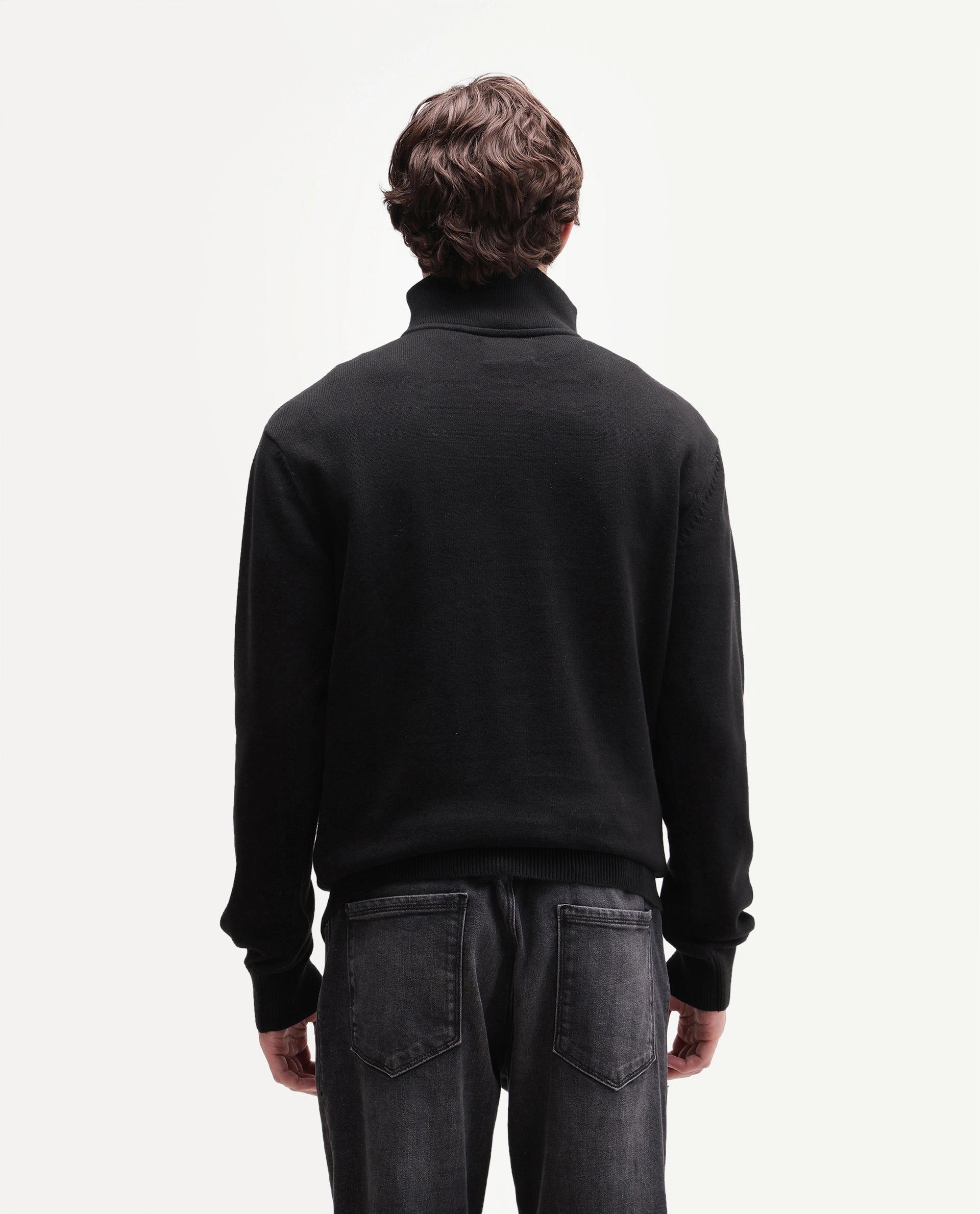 Rare Rabbit Men's Mivor Black Cotton Zipper Regular Fit High Neck Jacquard Sweater