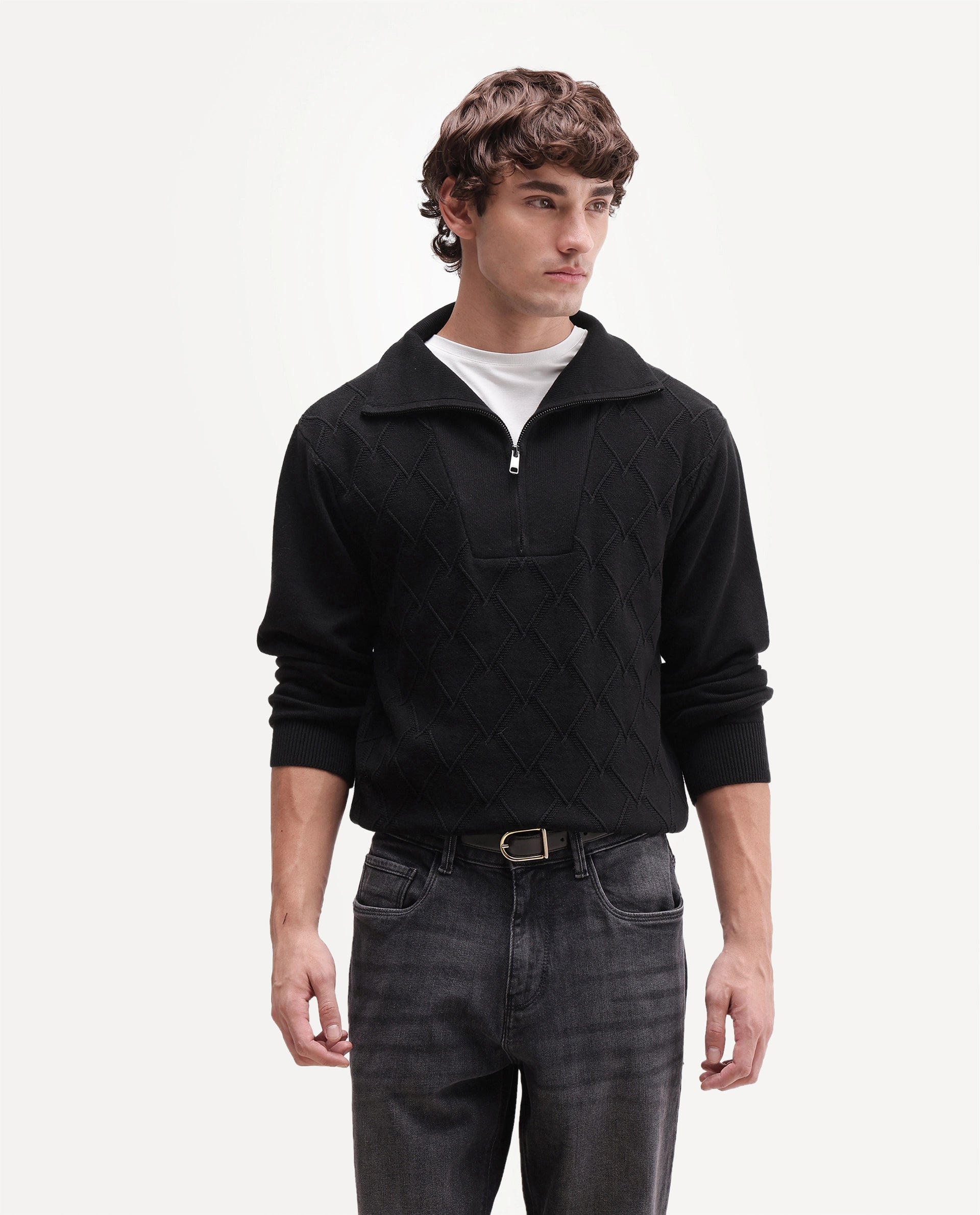 Rare Rabbit Men's Mivor Black Cotton Zipper Regular Fit High Neck Jacquard Sweater